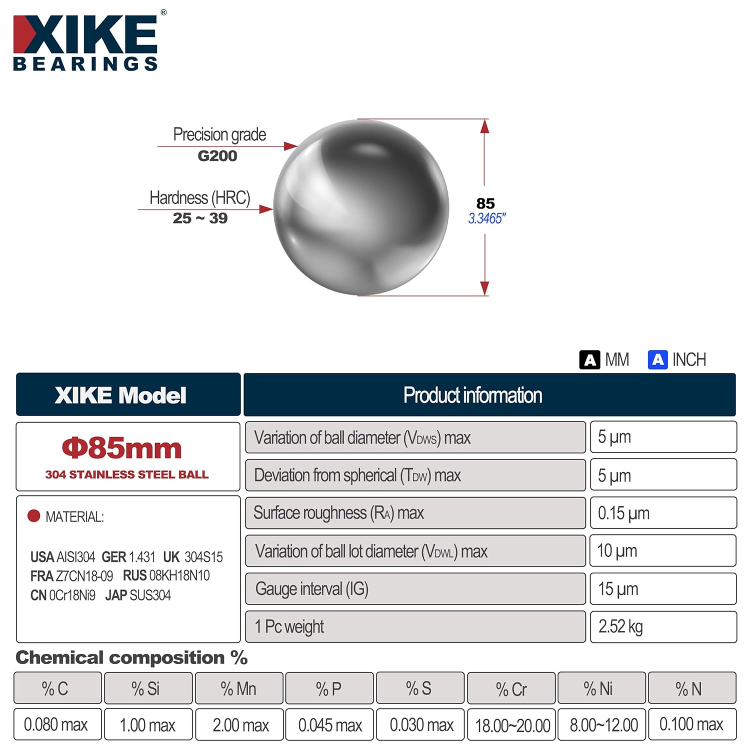 XIKE 1PC 100mm S304 Stainless Steel Precision Bearing Ball