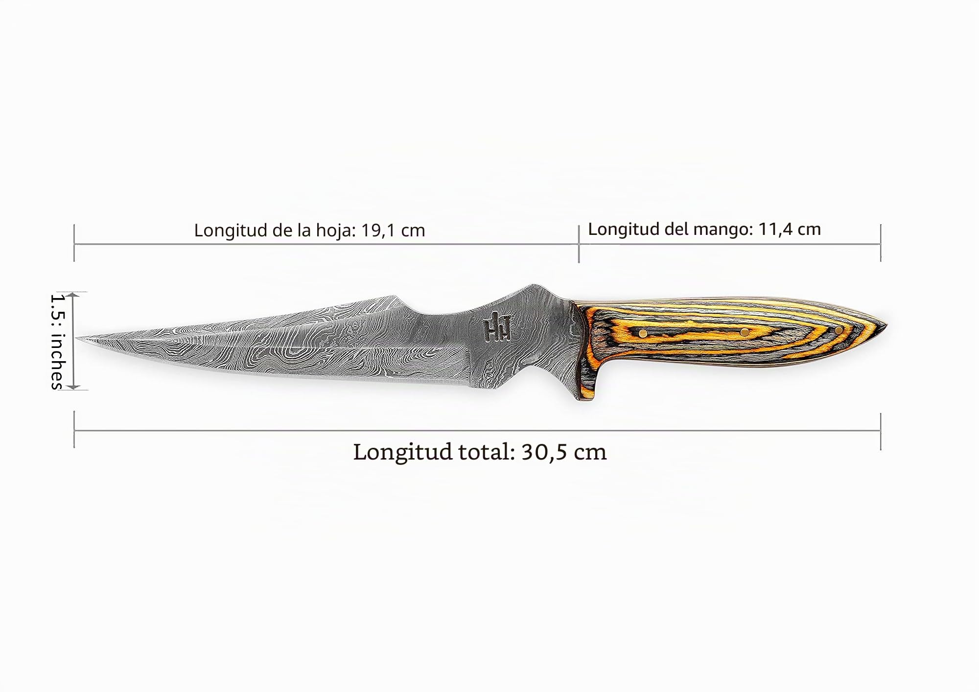 Hobby Hut HH-302 - Cuchillo de acero de Damasco hecho a mano de 12 pulgadas, cuchillo de caza, mango Micarta, funda de cuero, diseñado para caza y camping