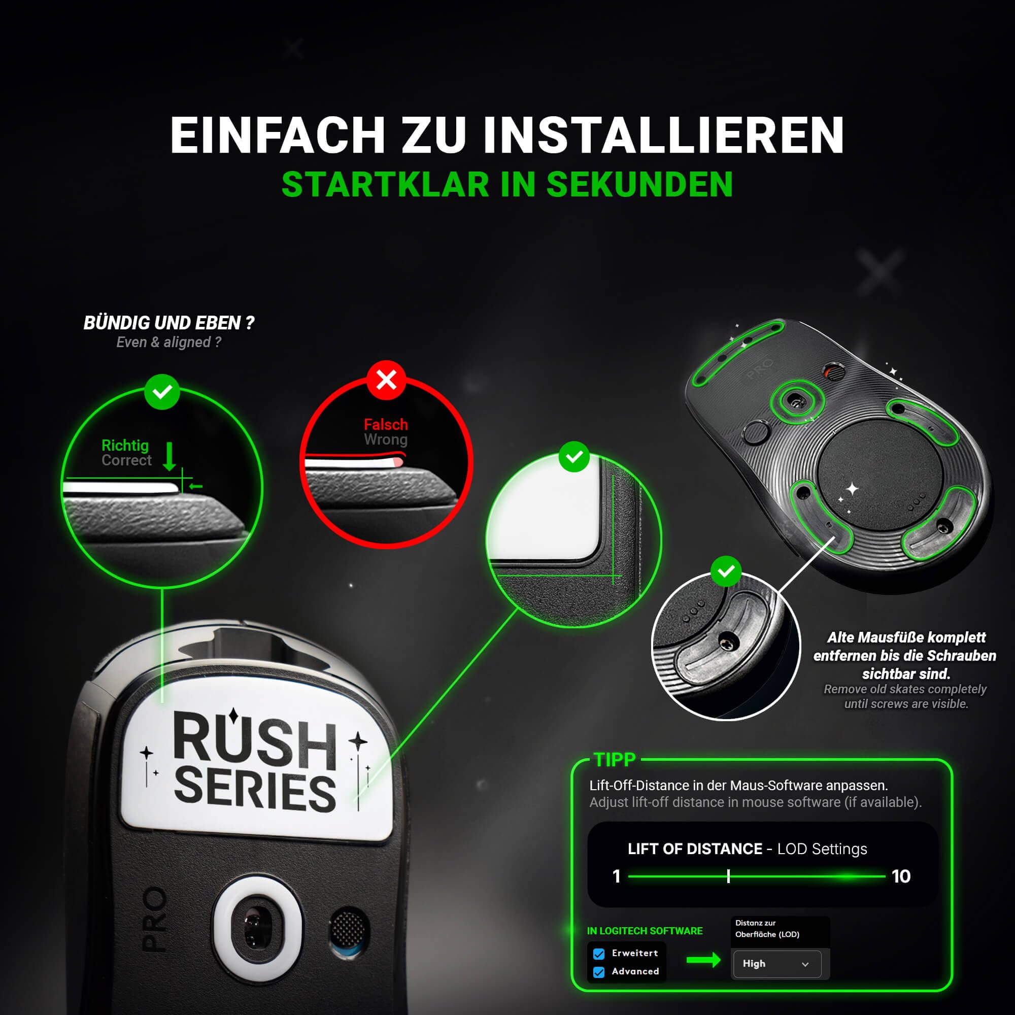 SensoryBoost Rush Glas Glides zestaw kompatybilny z Logitech G PRO X Superlight 2 – bardzo szybki i delikatny, polerowany, zaokrąglony, wytrzymały – zapasowe nóżki pod mysz, łyżworolki (nie do