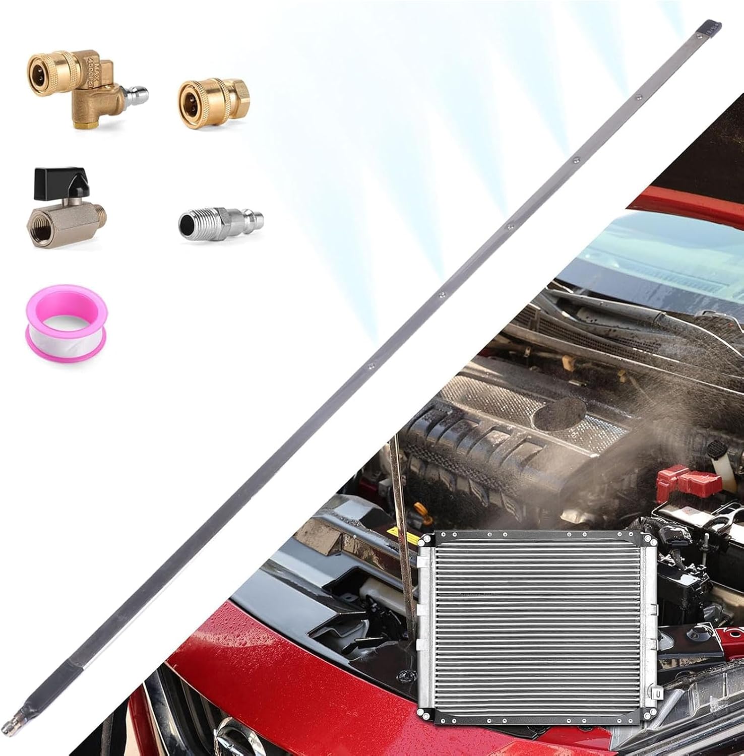 Luqeeg Car Radiator Pressure Washer Wand, 39in Dual Use Powerful Air Pump Flush Truck Power Cleaning Tool with 6 Nozzle Heads, Ideal for Vehicle Cleaning