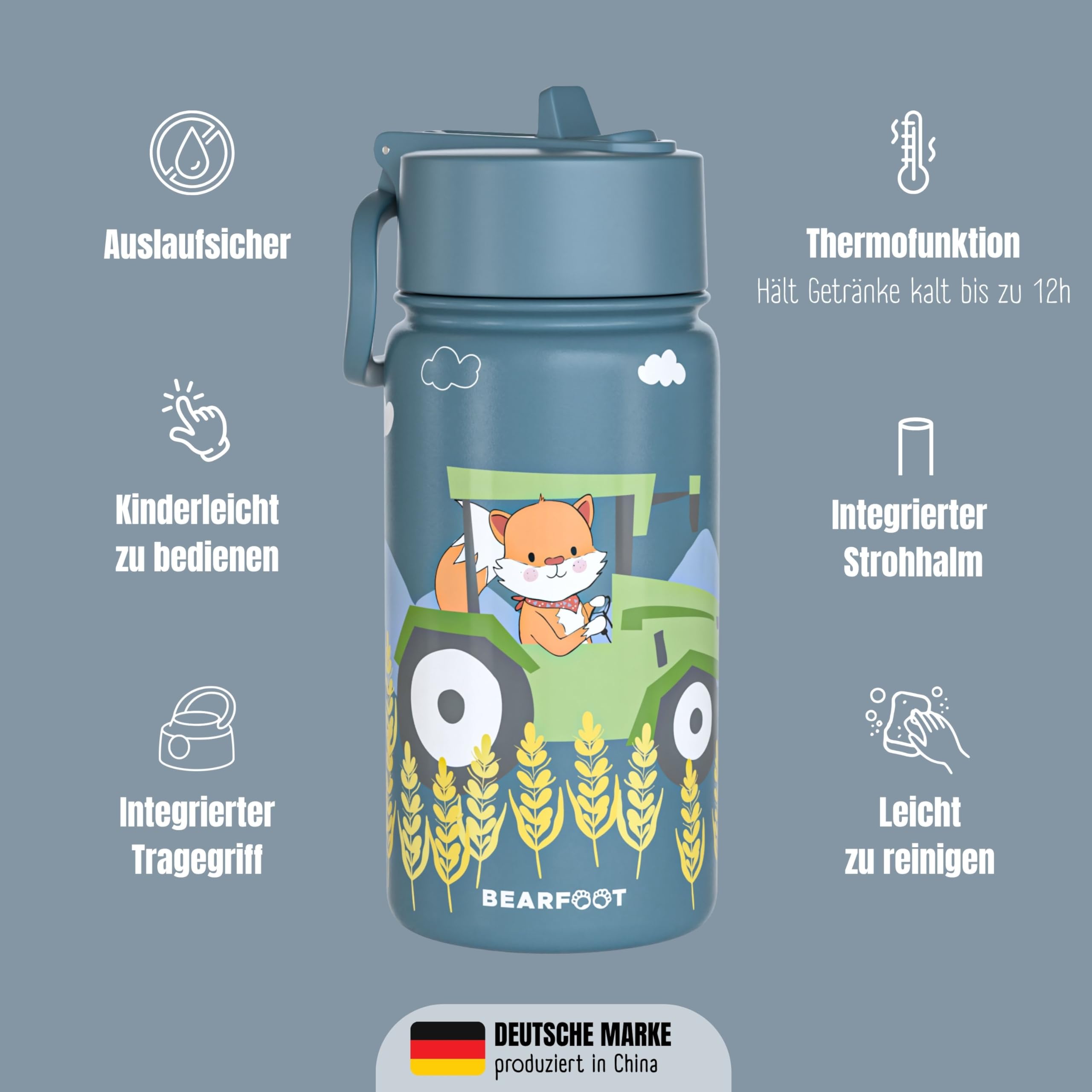 Edelstahl Trinkflasche Kinder 400ml (Blau - Traktor Fuchs) | Thermoflasche, mit Strohhalm, vakuumisoliert, auslaufsicher, BPA-frei, für Mädchen & Jungen