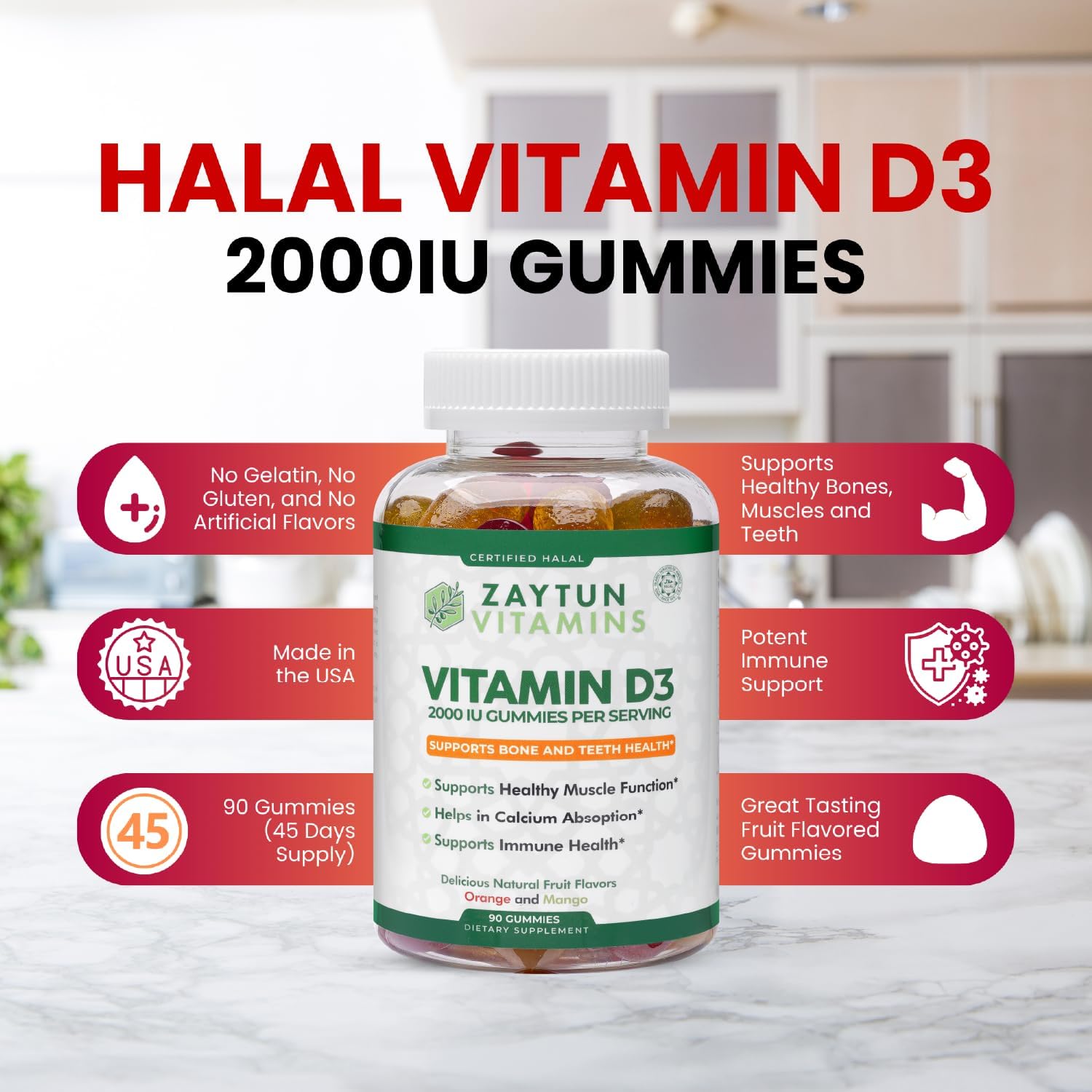 Zaytun Halal Vitamin D3 2000 IU Gummies, Supports Bone & Immune Health, Promotes Muscle Function, Gluten & Gelatin Free, (3-Pack) - Made in USA