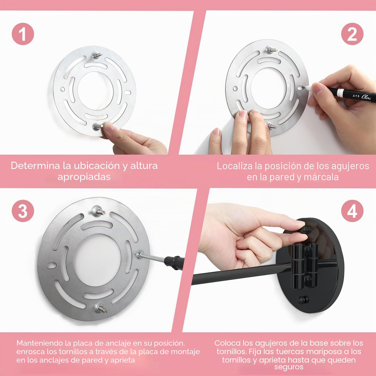 Espejo de maquillaje montado en la pared de 8 pulgadas con luces, espejo de afeitado LED recargable, aumento de doble cara 1X/10X, iluminación regulable de 3 colores, rotación de 360°, negro