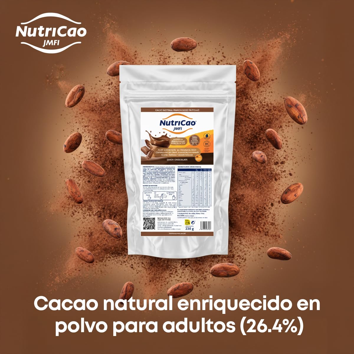 NutriCao JMFI | Cacao Natural Enriquecido en Polvo 250 g | Preparado para Adultos con Proteínas, Fibra y Vitaminas | Fácil de Preparar y con Sabor Chocolate para el Consumo Diario