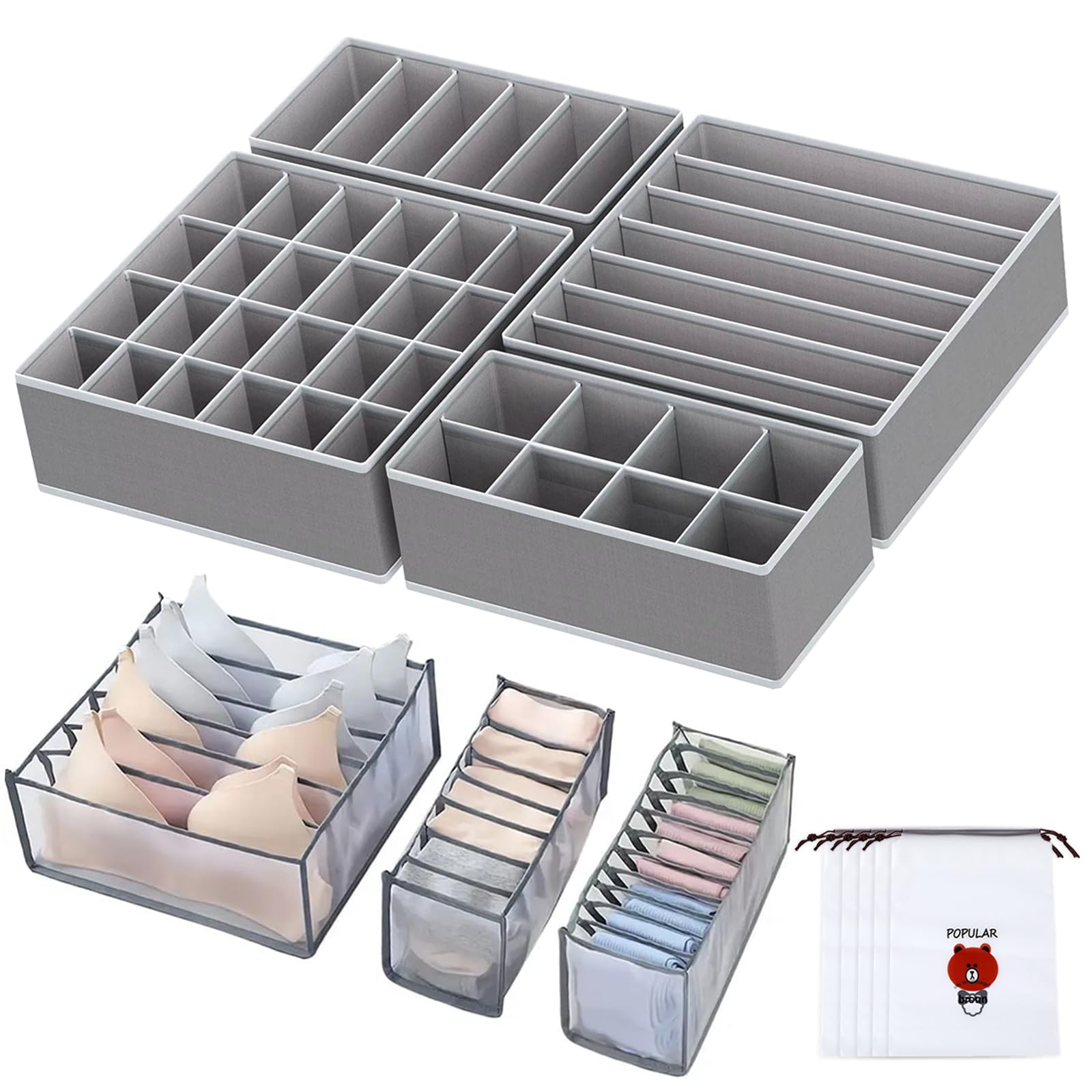 Juego de 12 Organizador Armario Ropa Interior, Almacenaje Plegables de Tela, Cajas Organizadoras Cajones, para Camiseta, Sujetadores, Calcetines, Corbatas(Gris)