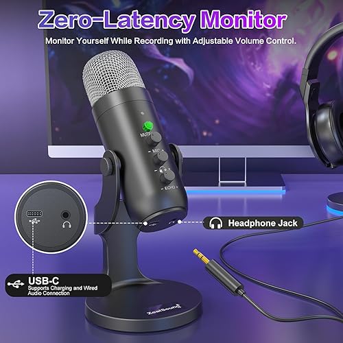 Miniatura 5 de ZealSound Micrófono inalámbrico, micrófono USB para iPhone, PC, iPad, teléfono Android, condensador inalámbrico de escritorio con monitor de eco