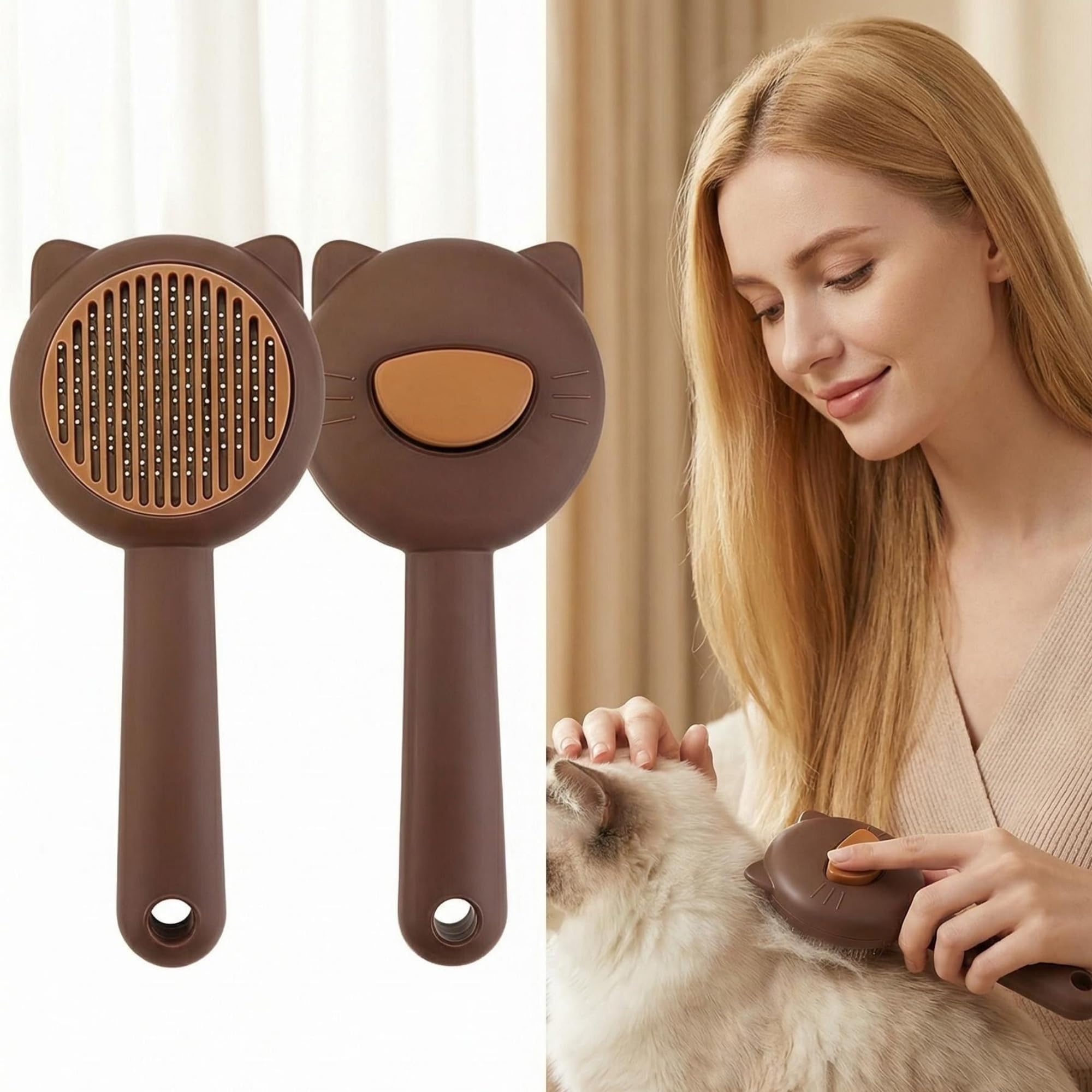 Cepillo de masaje y eliminación de pelo para gatos (marrón) – Bonito diseño de orejas de gato para mascotas | Depilación con 1 clic, masaje suave de spa para gatos y perros