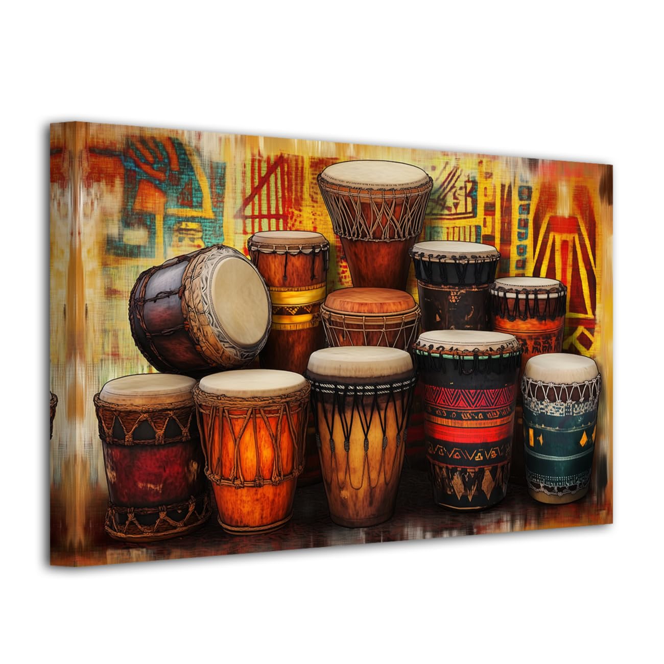LZIMU African Drums Wall Art Ethnic Ancient Pictures Vintage Tribal Musical Instruments Painting African Music Canvas Prints for Indian Decor Frame (Brown, 18L x 12W)