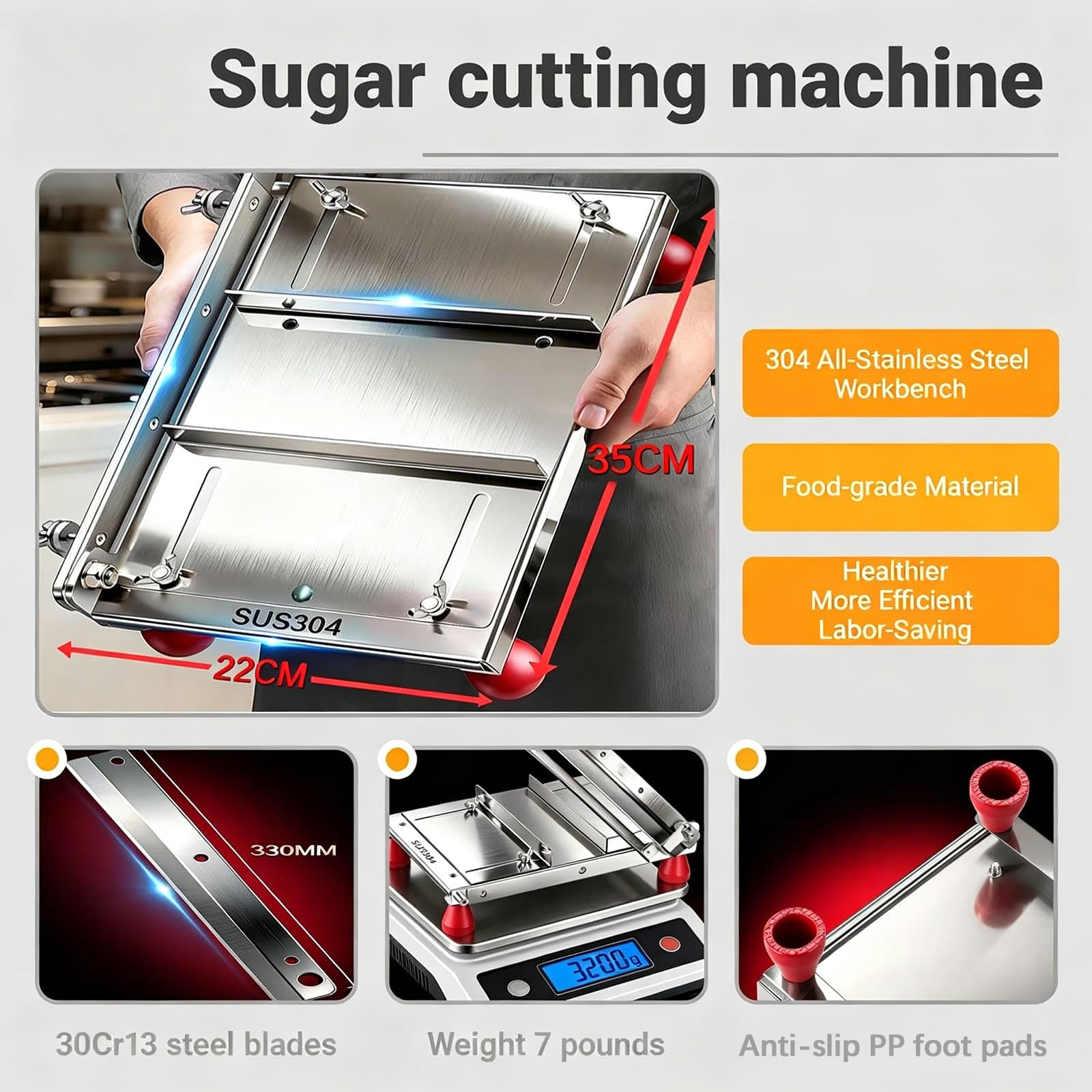 Ręczna krajalnica do słodyczy i cukru ze stali nierdzewnej | Ostrze ze stali 30Cr13, do użytku domowego i w pracowniach cukierniczych, regulacja grubości w zakresie 1–55 mm
