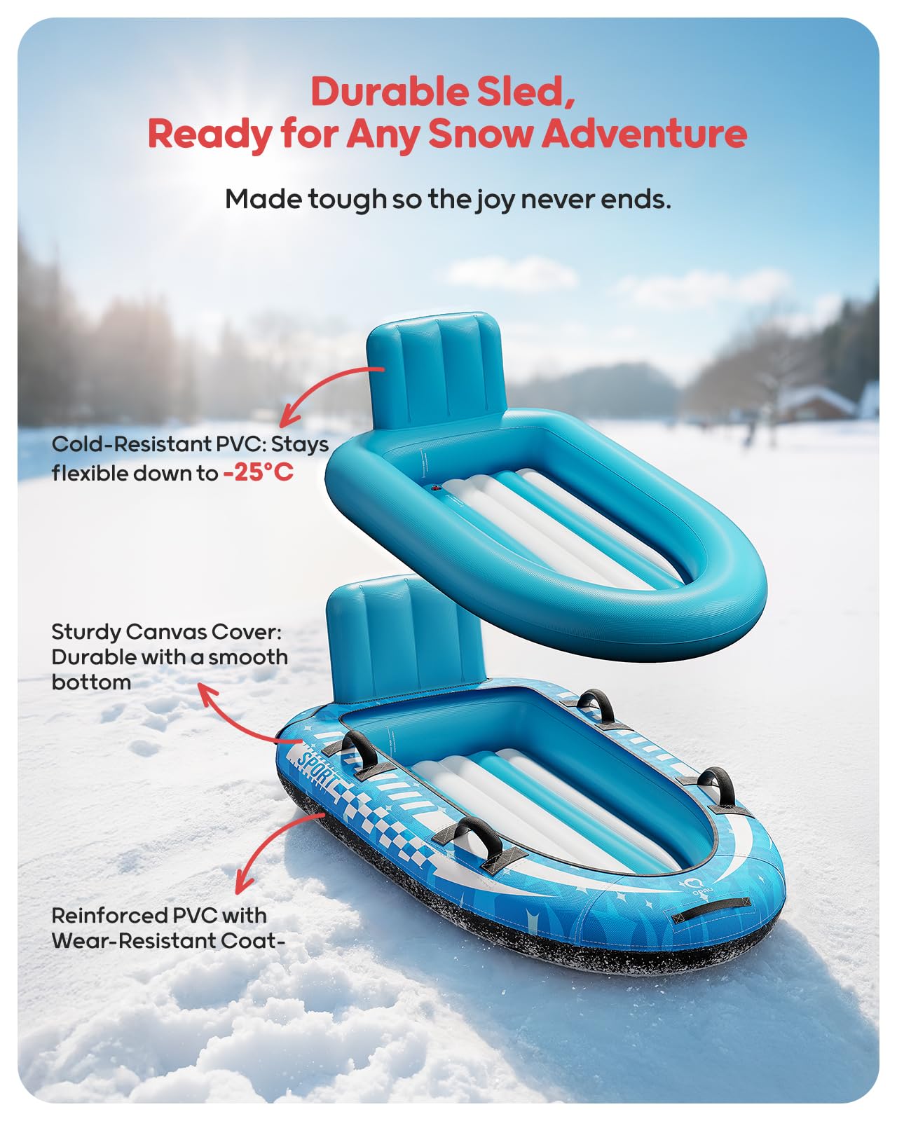 QPAU Trineo de nieve inflable para 2 personas con cubierta de lona, respaldo y asas reforzadas