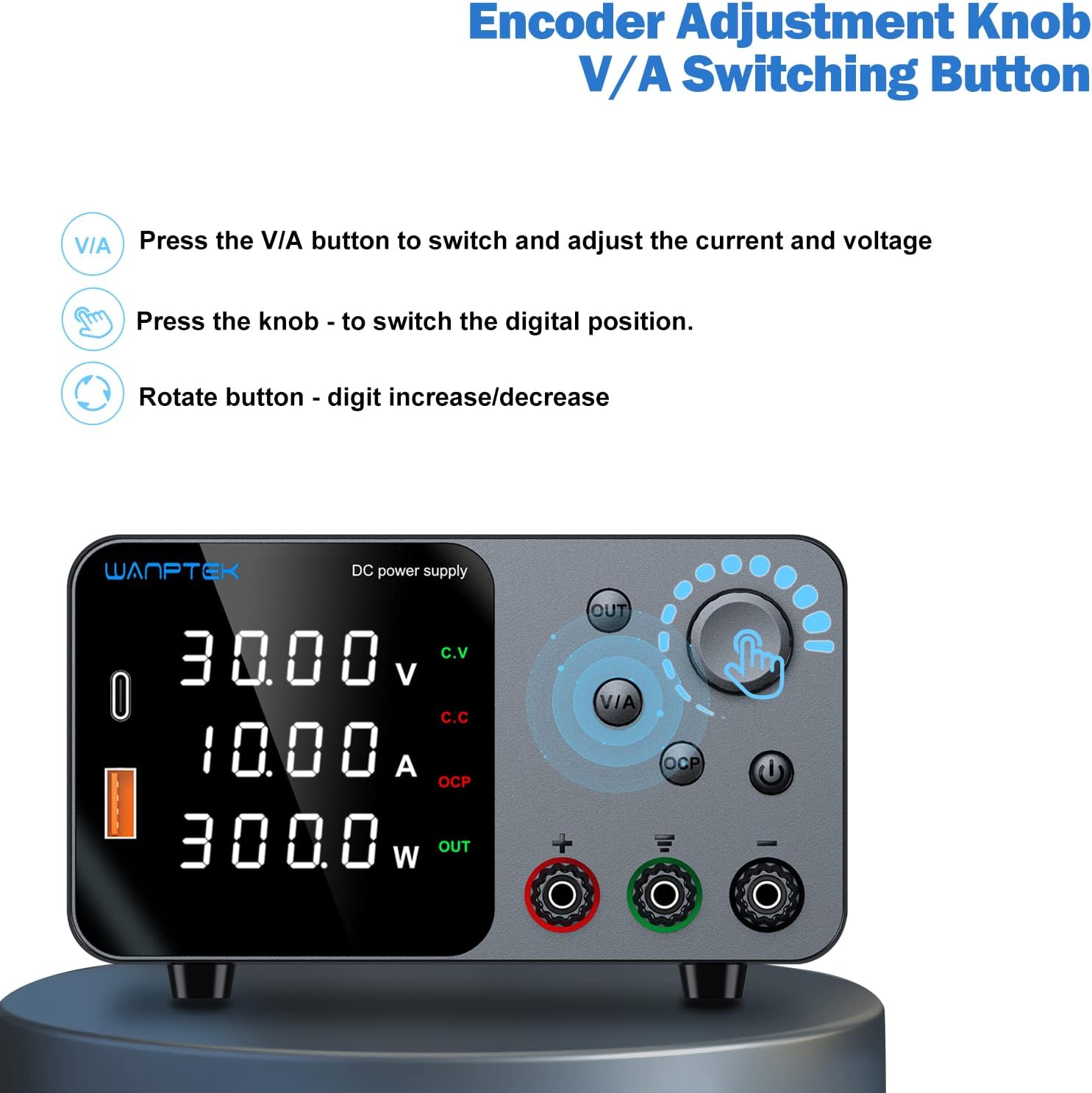 DC Power Supply, Bench Power Supply with Output Enable/Disable Button, Adjustable Power Supply with Precise Encoder Knobs, Variable Power Supply with USB & Type-C Quick-Charge Interface (0-30V 0-10A)