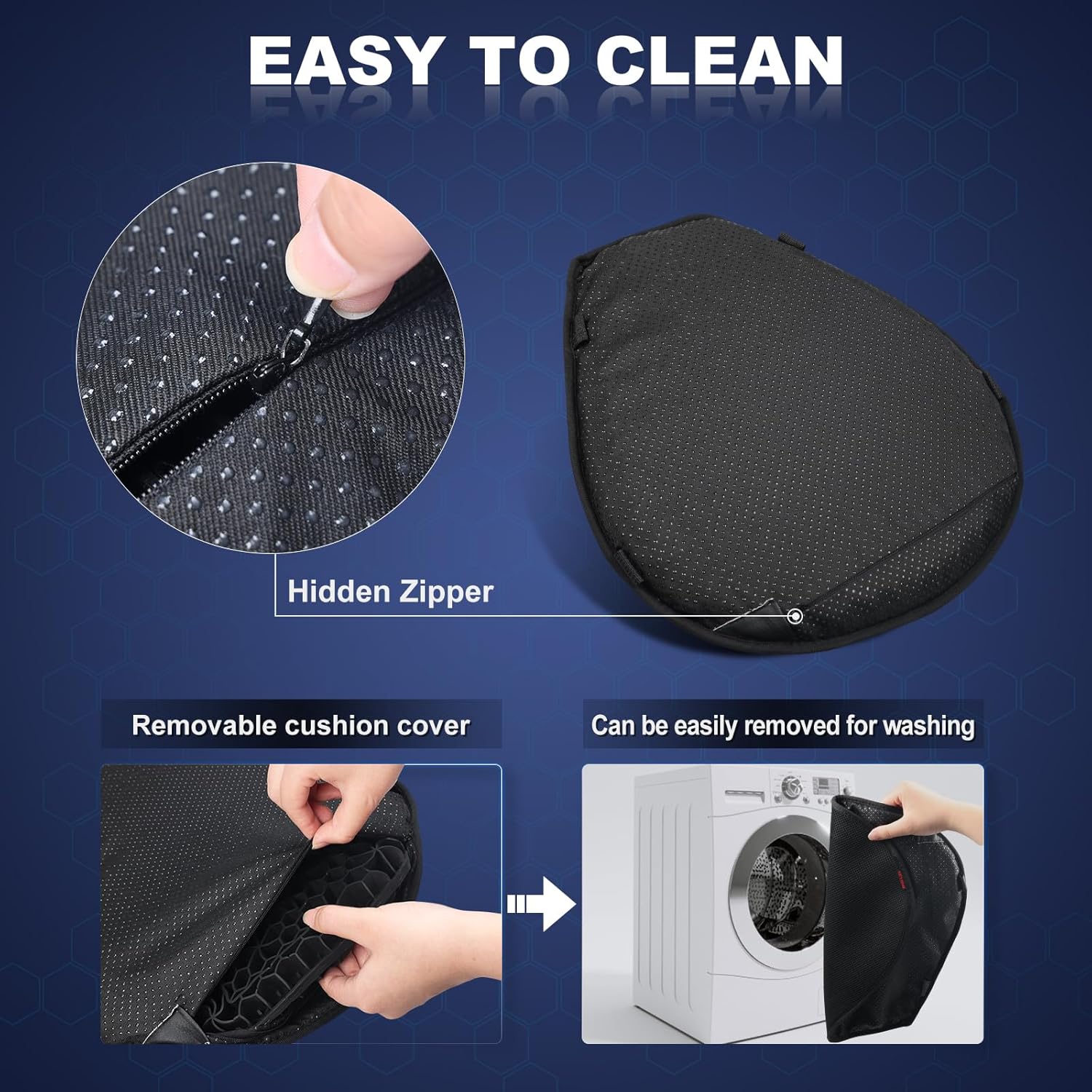 Detachable Motorcycle Gel Seat Cushion with Cover, Large 3D-Honeycomb Structure Shock Absorption & Breathable Motorcycle Gel Seat Pad for Long Rides