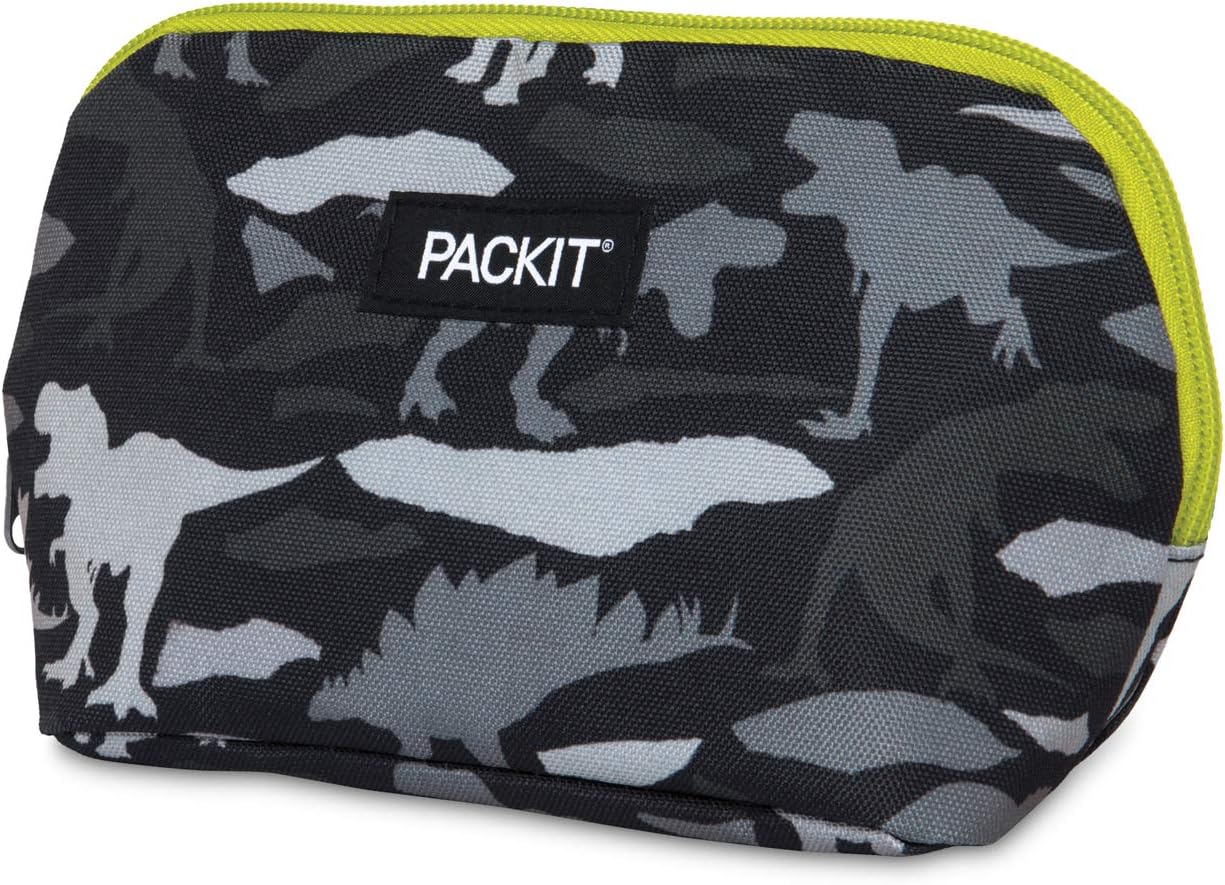 PackIt Freezable Insulated Reusable Snack Bag with Built-In Ice Pack, Dino Camo Charcoal