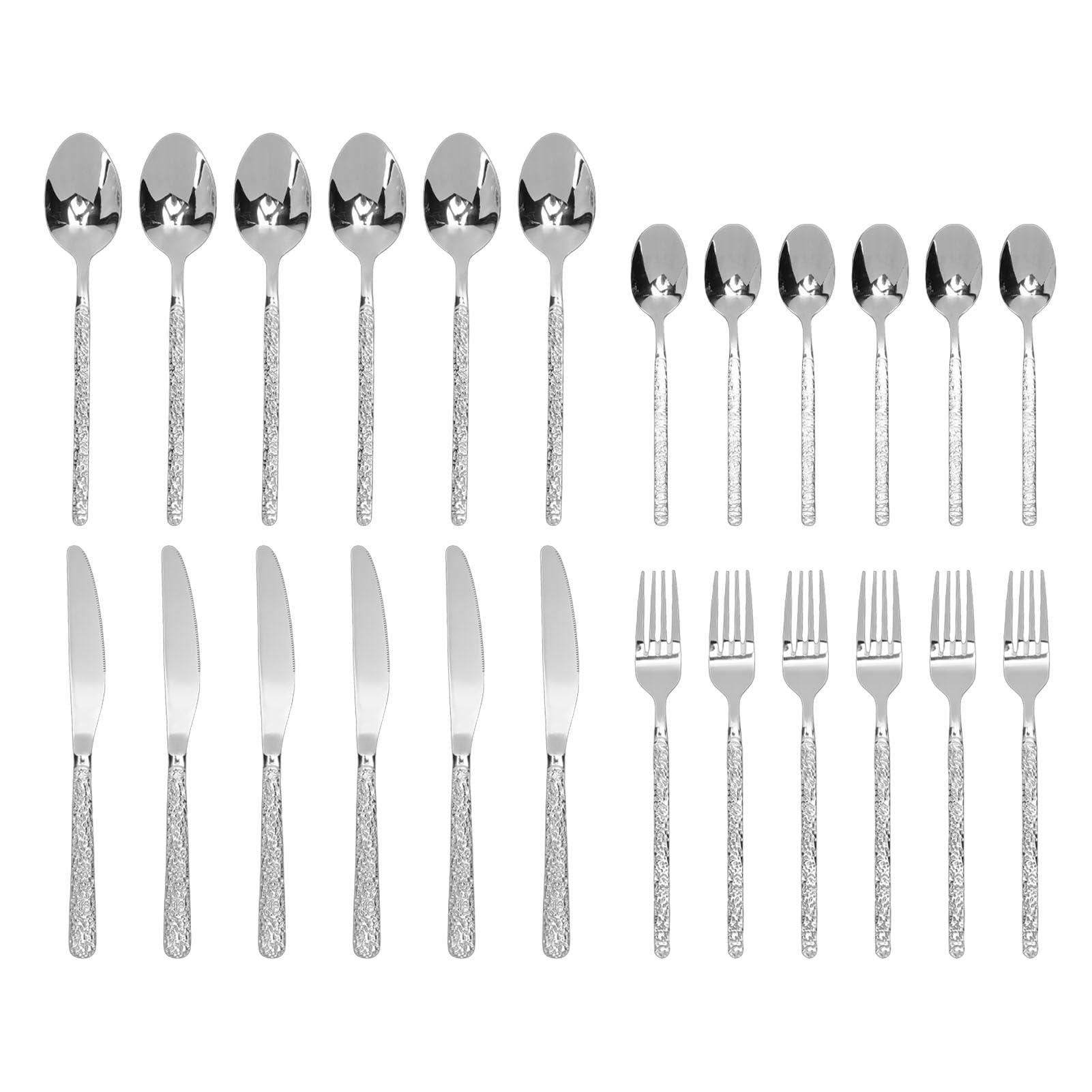 Juego de Cubiertos de Acero Inoxidable Martillado, Elegante Juego de Cubiertos para Mesa de Comedor, 24 Piezas para Boda en Casa (Plata)