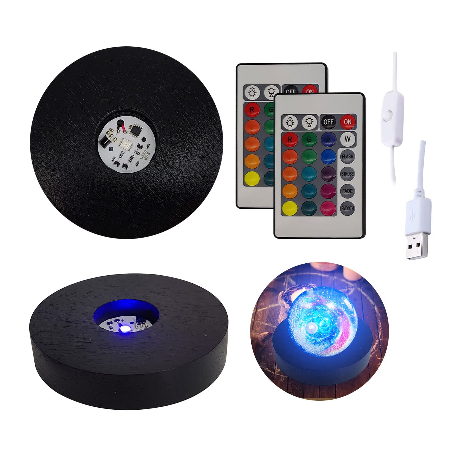 Wooden LED Light Base Display Base, USB Wood Light Display Base Crystal Glass Light Base Stand for 3D Crystal Glass Resin Art (Black-Multicolor Light,2pcs)