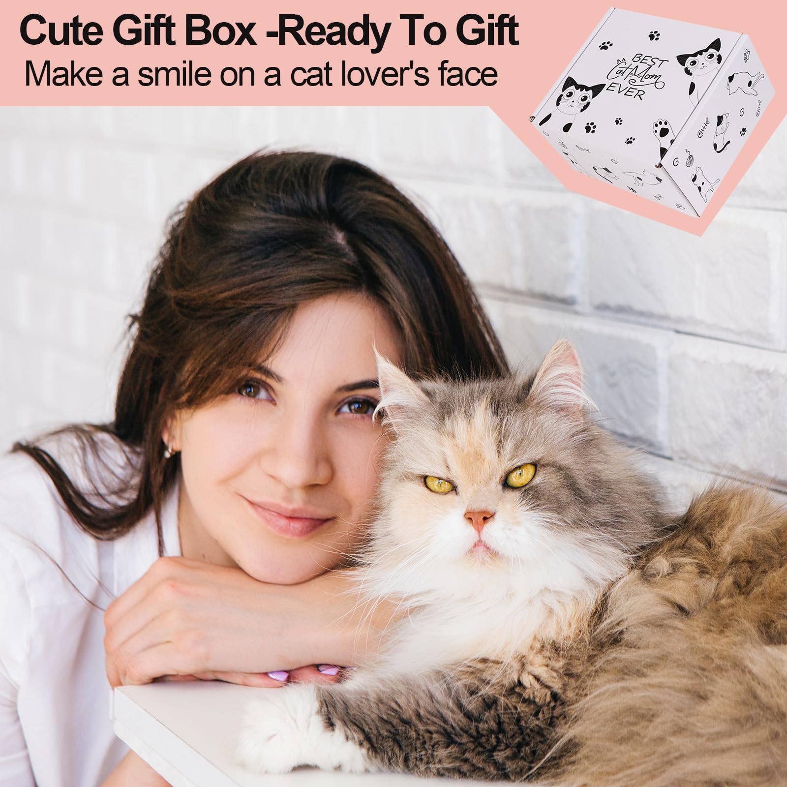 LiYiQ Regalos para amantes de los gatos para mujeres, regalos para mamá de gato, artículos esenciales para mujer loca: bolsa de maquillaje, calcetines, coleteros, tarjetas de felicitación, perfecto