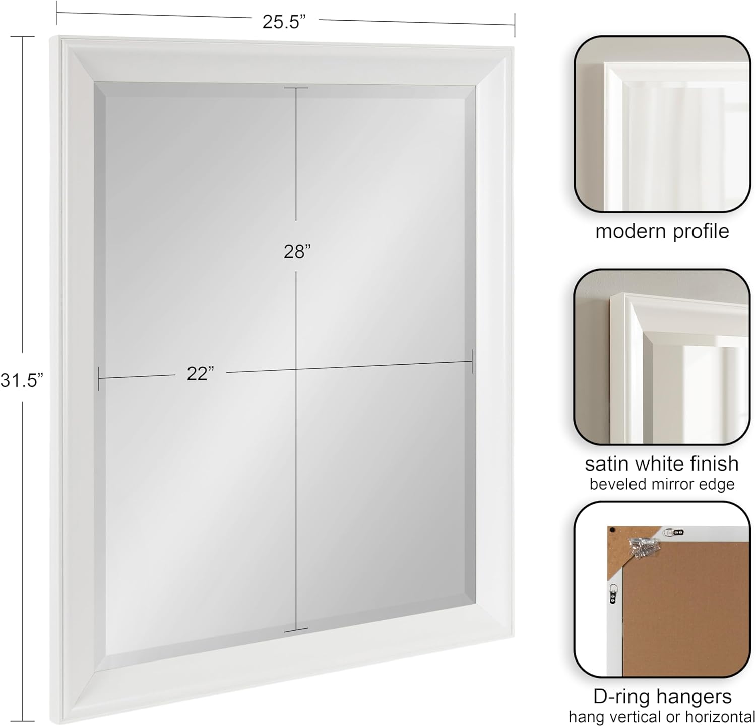 Kate and Laurel Kalla Traditional Framed Rectangle Bathroom Vanity Mirror, 26 x 32, White, Rectangular Beveled Bathroom Mirror for Over Sink or for Use as Entryway or Living Room Decor