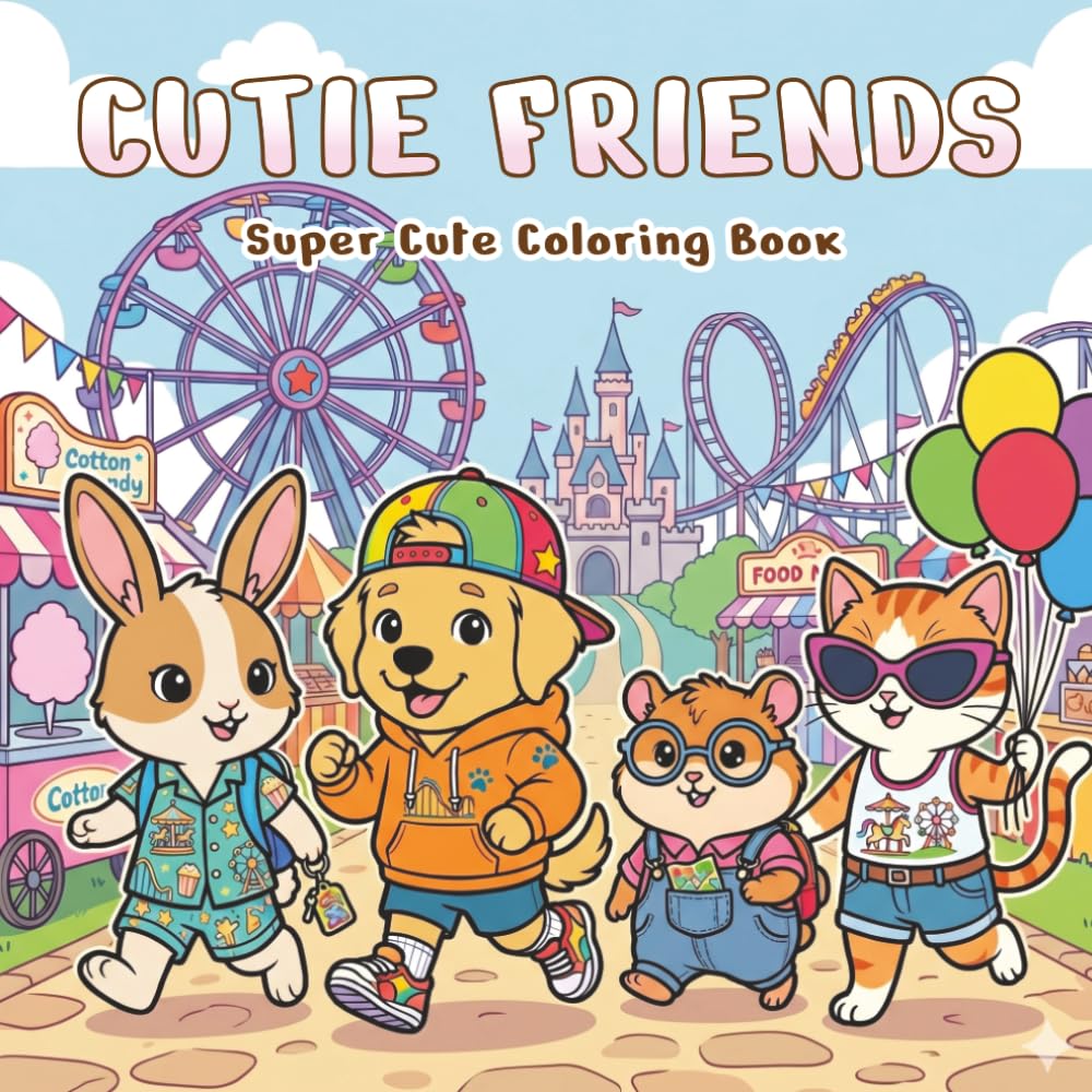Cutie Friends Super Cute Coloring Book: A Kawaii Animal Adventure Coloring Page for Kids and Teens Featuring Fun Scenes at the Amusement Park, Beach, and More!