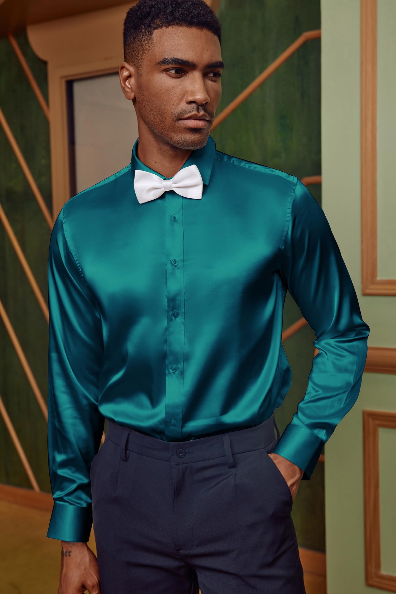 PJ PAUL JONES, Camisa de vestir de satén y seda brillante con botones para hombre, con pajarita, de manga larga