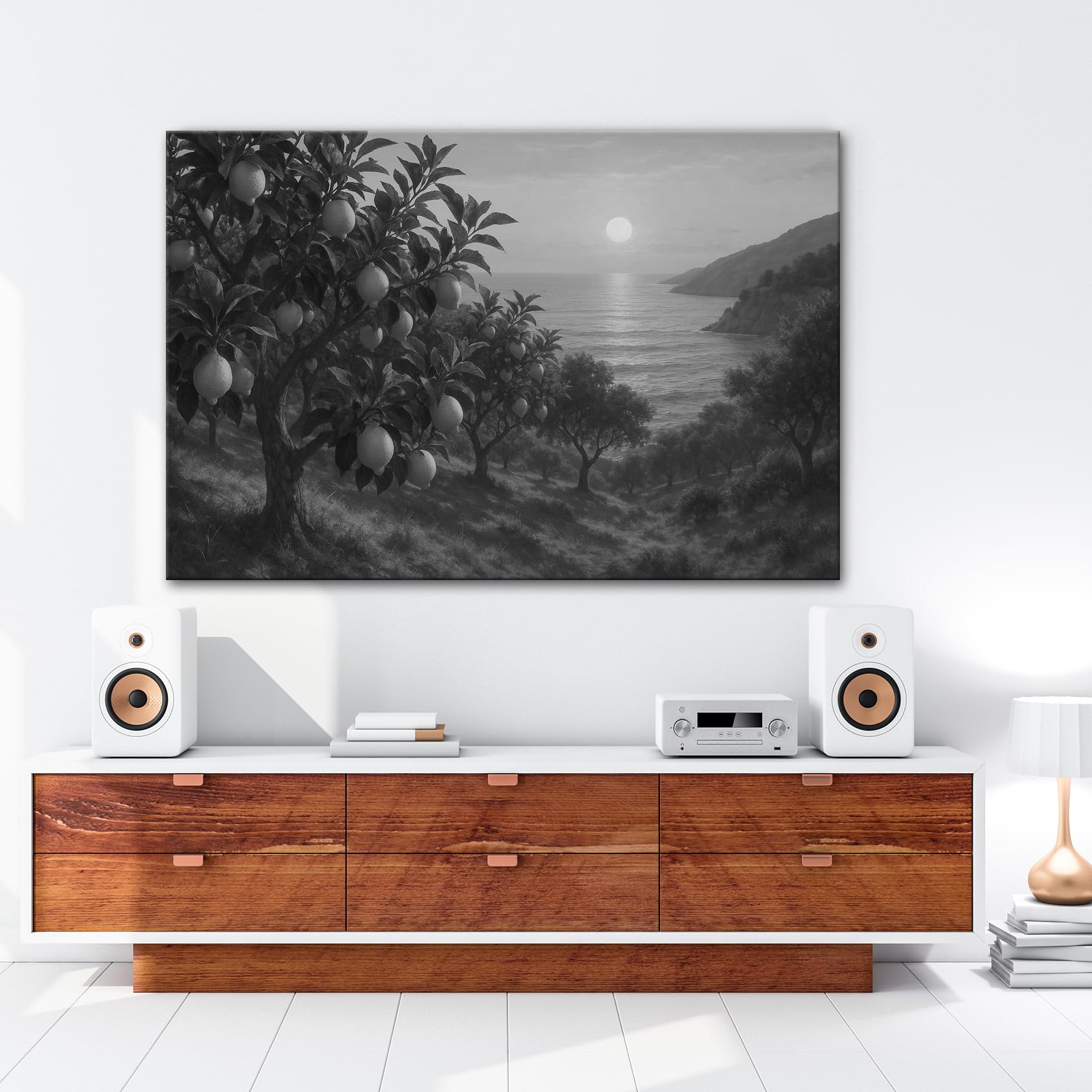 Leinwandbild Zitronenhain am Meer bei Sonnenuntergang 70x50cm Schwarz&Weiß