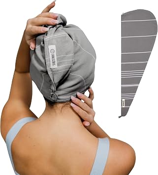 Sand Cloud Hair Towel Wrap for Women & Men - Frizz-Free Quick Drying Towel | 100% Organic Turkish Cotton - Absorbent Half Terry Weave Hair Plop Head Towel Wrap with Binding Edge - Grey, Classic