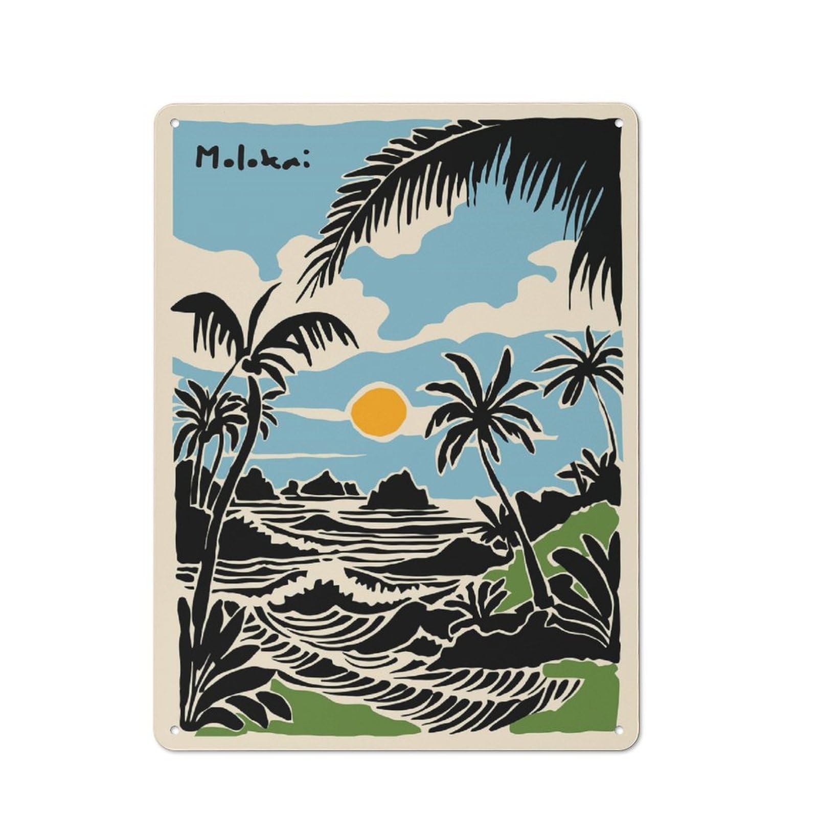 Junmoney Style-11 Industrial Molokai Island Beach Scene Illustration Decorative Metal Plaque 40X30cm, Studio Wall Art For Flat, Bar, Studio Or Gallery Wall