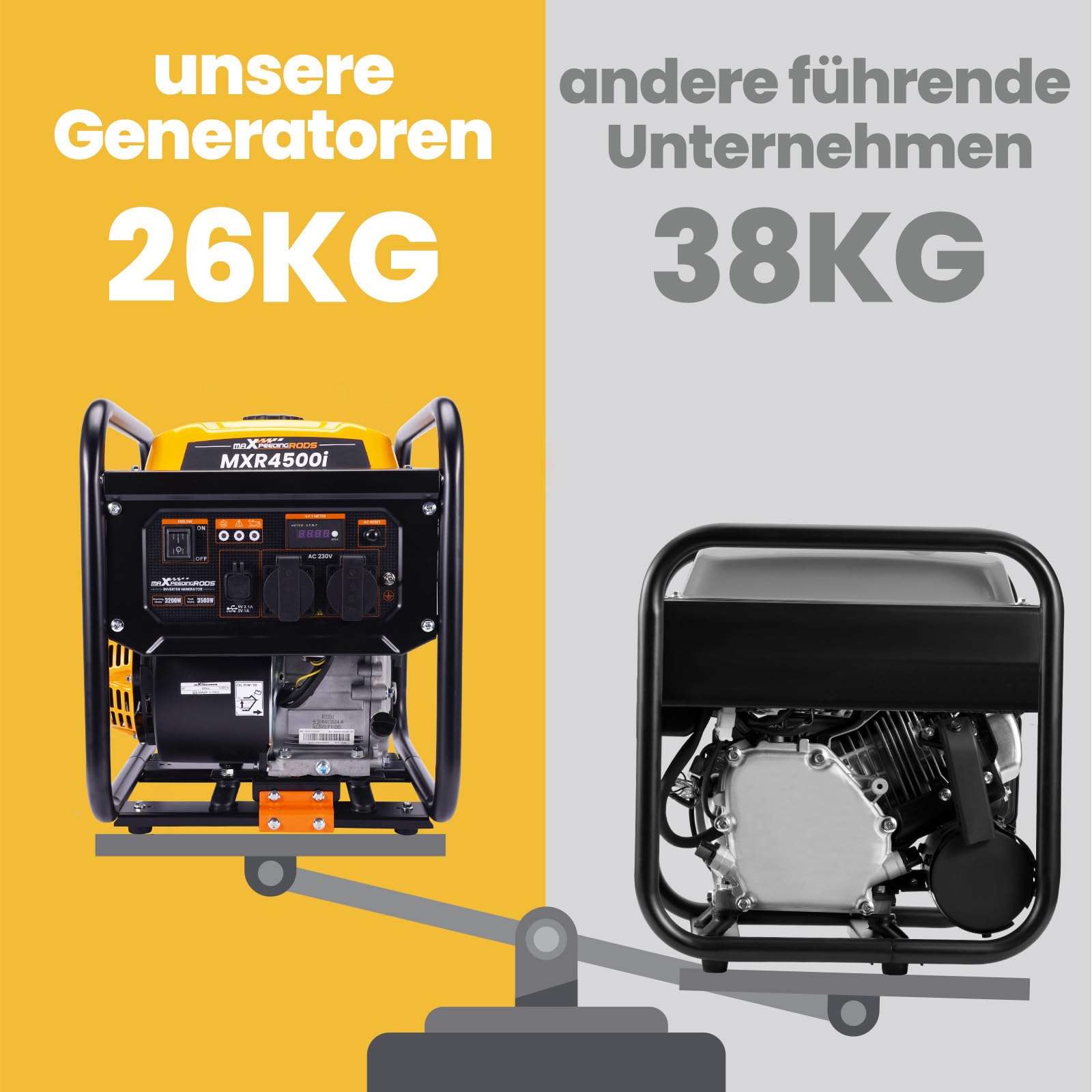 maXpeedingrods Inwerterowy generator prądu 3500 W, benzynowy, 4-suwowy z dwoma gniazdami 230 V, cichy i lekki jako awaryjny agregat prądotwórczy do domu, garażu, warsztatu, na plac budowy