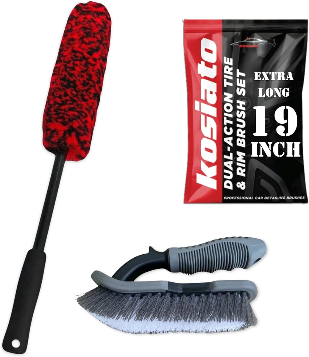 KOSIATO Car Wheel Brush & Wheel Barrel Brush Kit – 19" Soft Non-Scratch Microfiber Rim + Stiff-Bristle Scrubber for Tires, Rubber Mats & Motorcycles – Tire Brushes for Cleaning Tires : Automotive