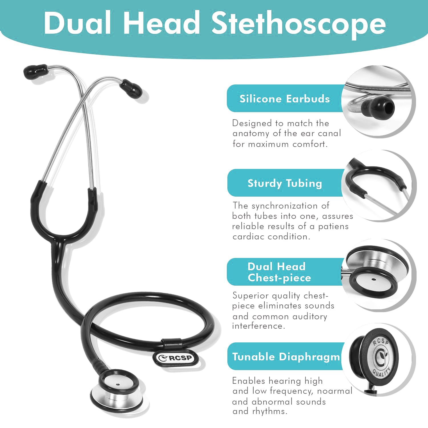 RCSP Acoustic Stethoscope for doctors and Medical students | light weight Aluminium Chest Piece with Flexible Jointless Tube & Soft Sealing Ear Knobs (MICRO SHINE) 3
