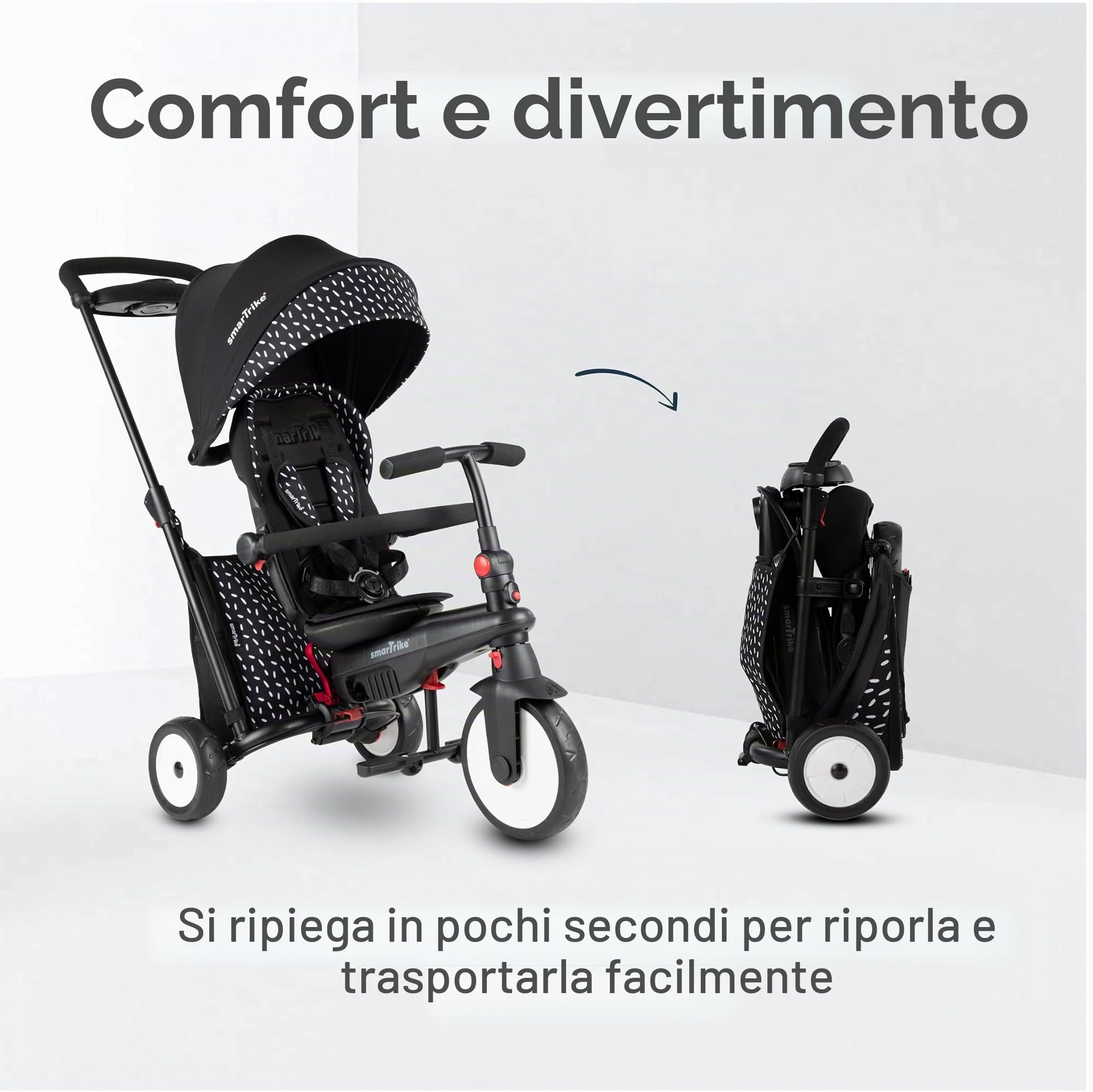 smarTrike STR5 - Trike pieghevole per bambini, con certificazione per passeggino da 1 a 3 anni, 7 in 1, multi-stadio (nero e bianco)