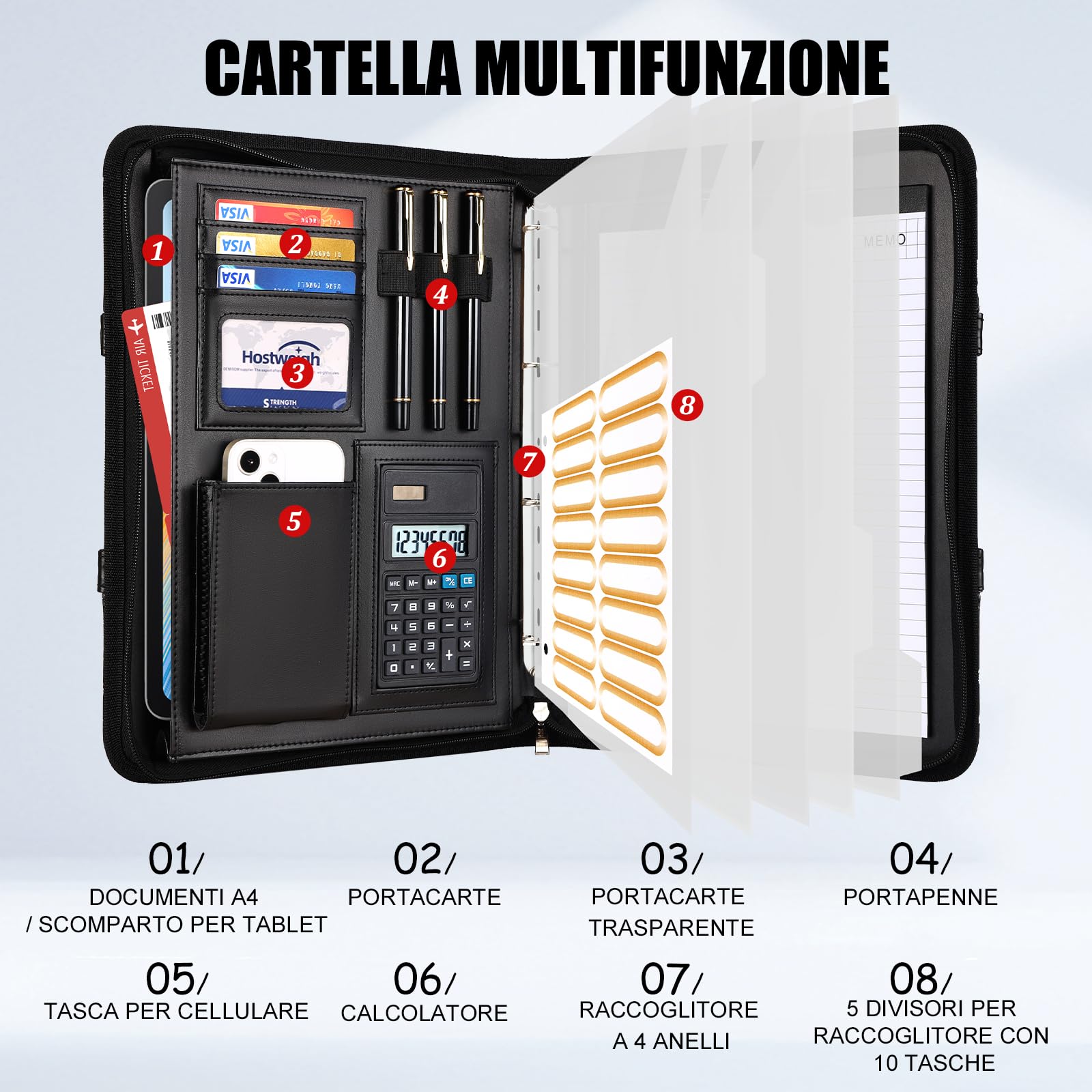 Leathario Cartella Portadocumenti A4 Pelle Vegana con Maniglia e Portablocco Raccoglitore ad Anelli