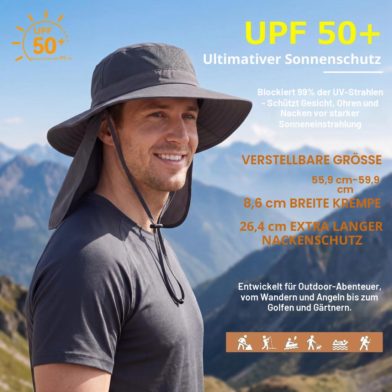 Unisex Outdoor-Sonnenhut mit breiter Krempe Mesh UPF50+ Safari-Hüte mit Nackenklappe Angelhüte