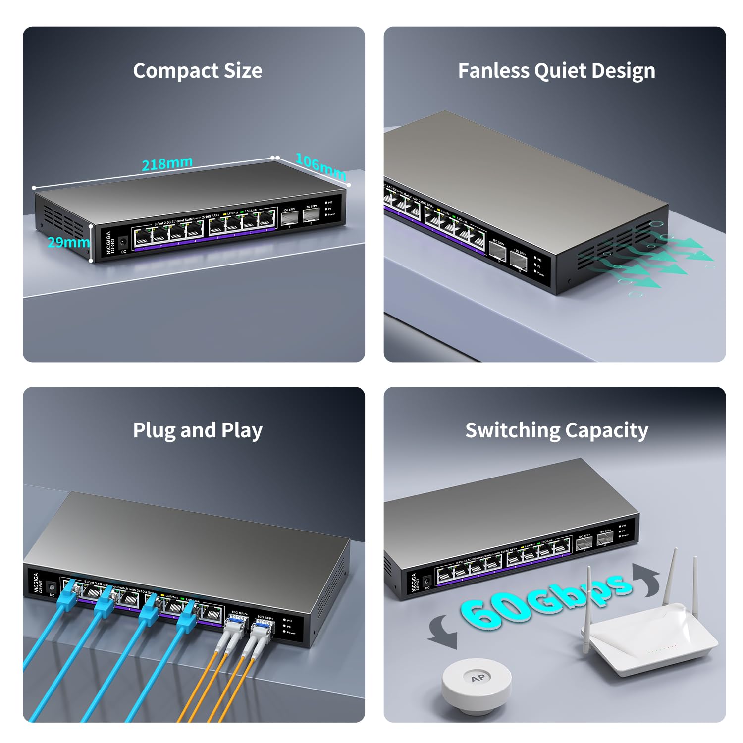 10 porte 2.5Gb Switch Ethernet non gestito con 8 porte Base-T 2.5G + 2 porte 10G SFP+ Switch di rete. NICGIGA 8 porte 2.5 Gbps per NAS/PC a 2.5 Gbps, router WiFi6, AP wireless. Design senza ventola.