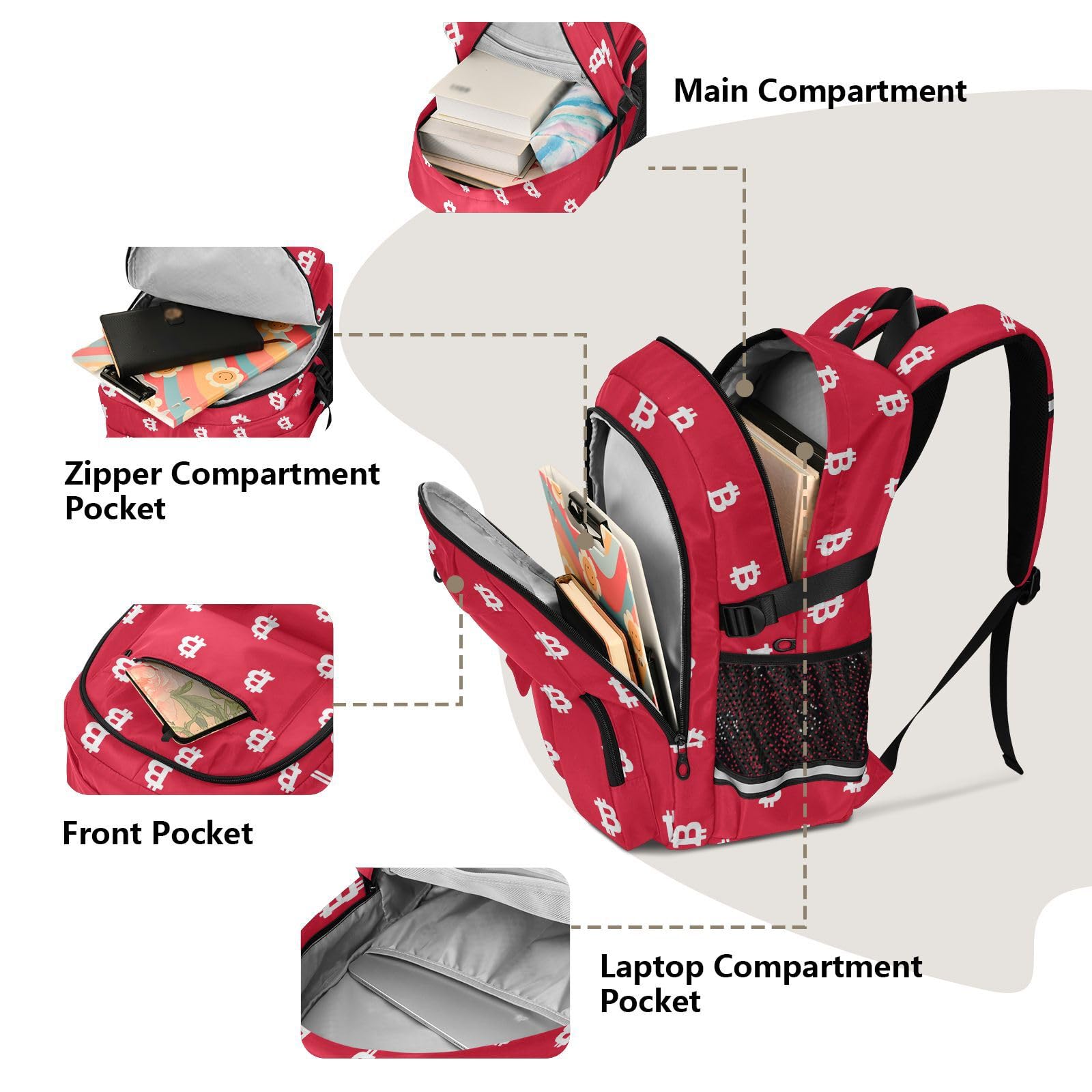 Sac à dos de voyage pour ordinateur portable pour homme et femme avec panneau Bitcoin blanc rouge sac à dos de travail 44,5 cm avec compartiment pour ordinateur portable, sac décontracté léger