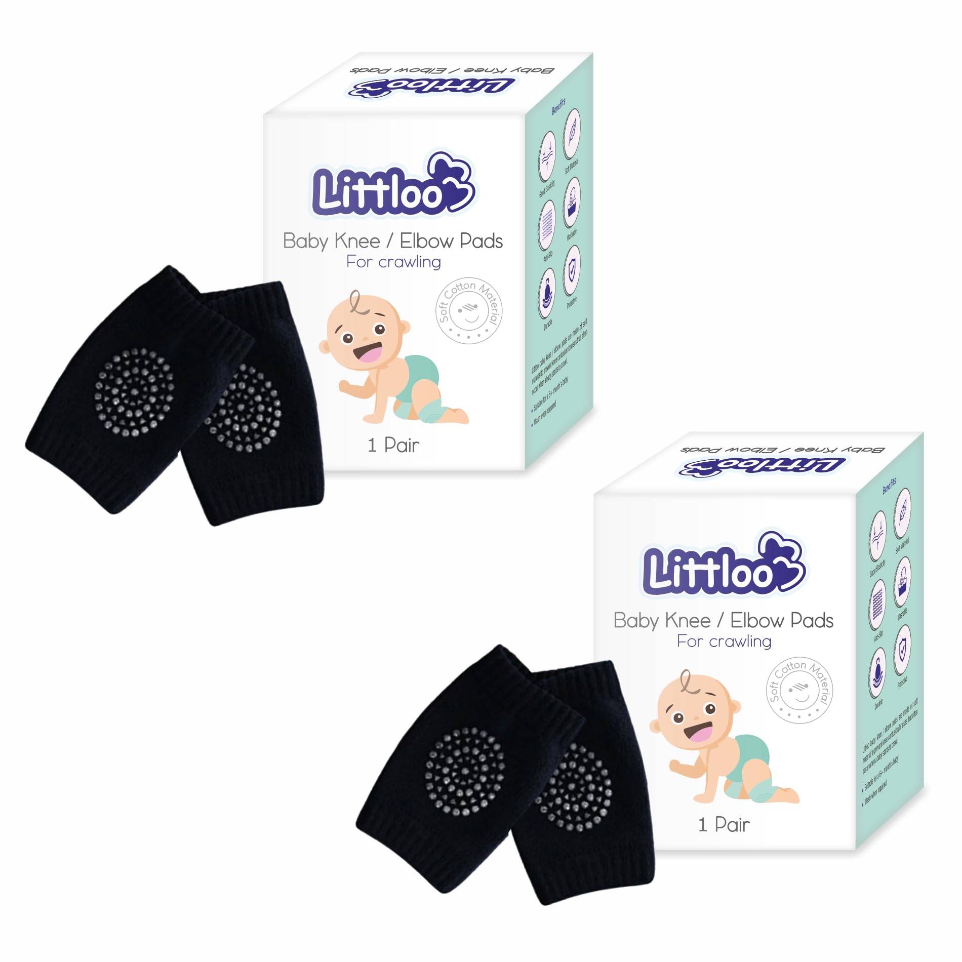 LITTLOO Baby Knee Socks & Crawling Socks (Pack of 2) Anti-Slip Knee & Elbow Protector Pads, Soft Cotton Elastic for Cushion & Knee Protection (Black)