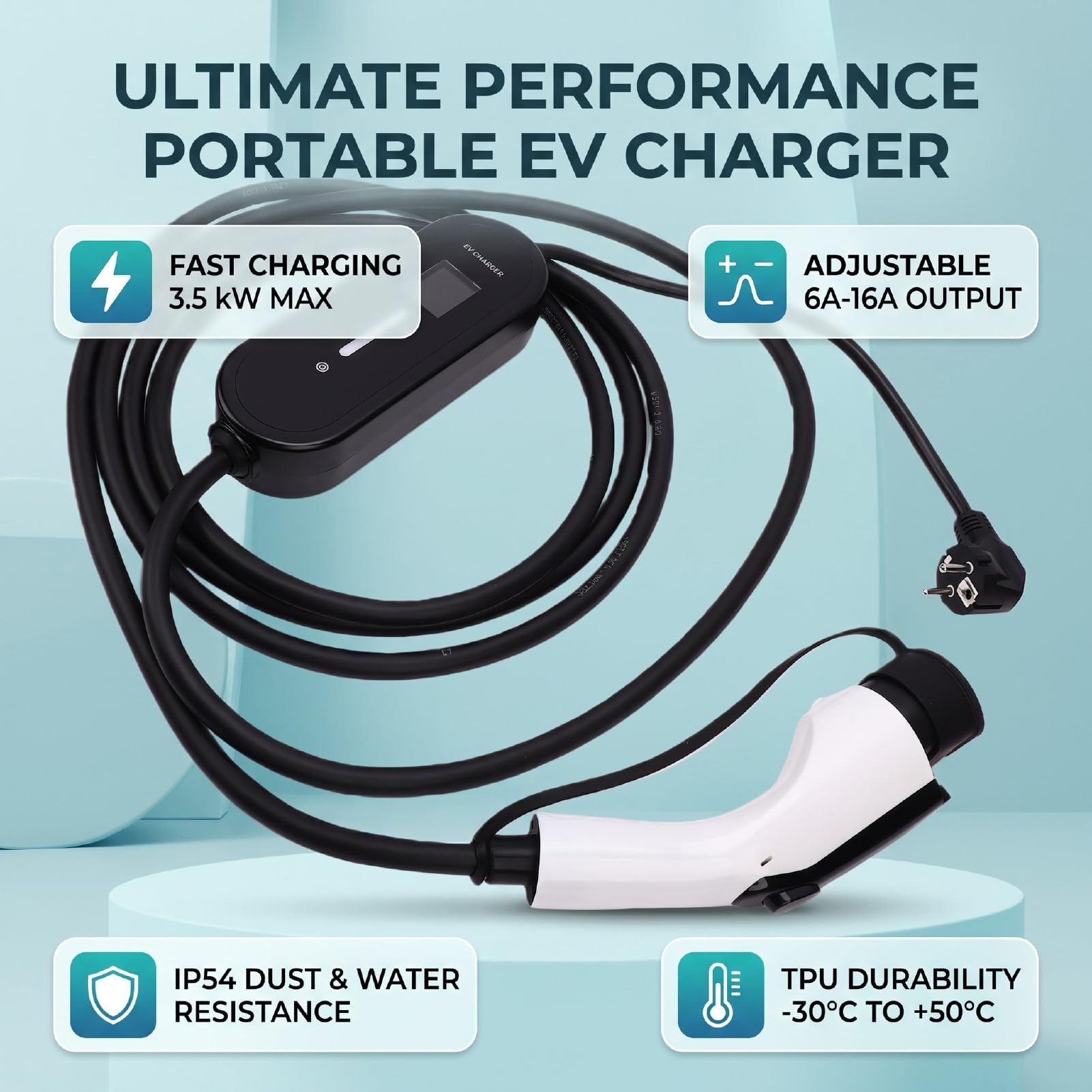 Akozon Cargador EV Portátil, 6A-16A 3.5kW IP54 Cable de Carga para Vehículo Eléctrico 5m Camisa TPU Disipación de Calor para Uso en Hogar Viaje Exterior