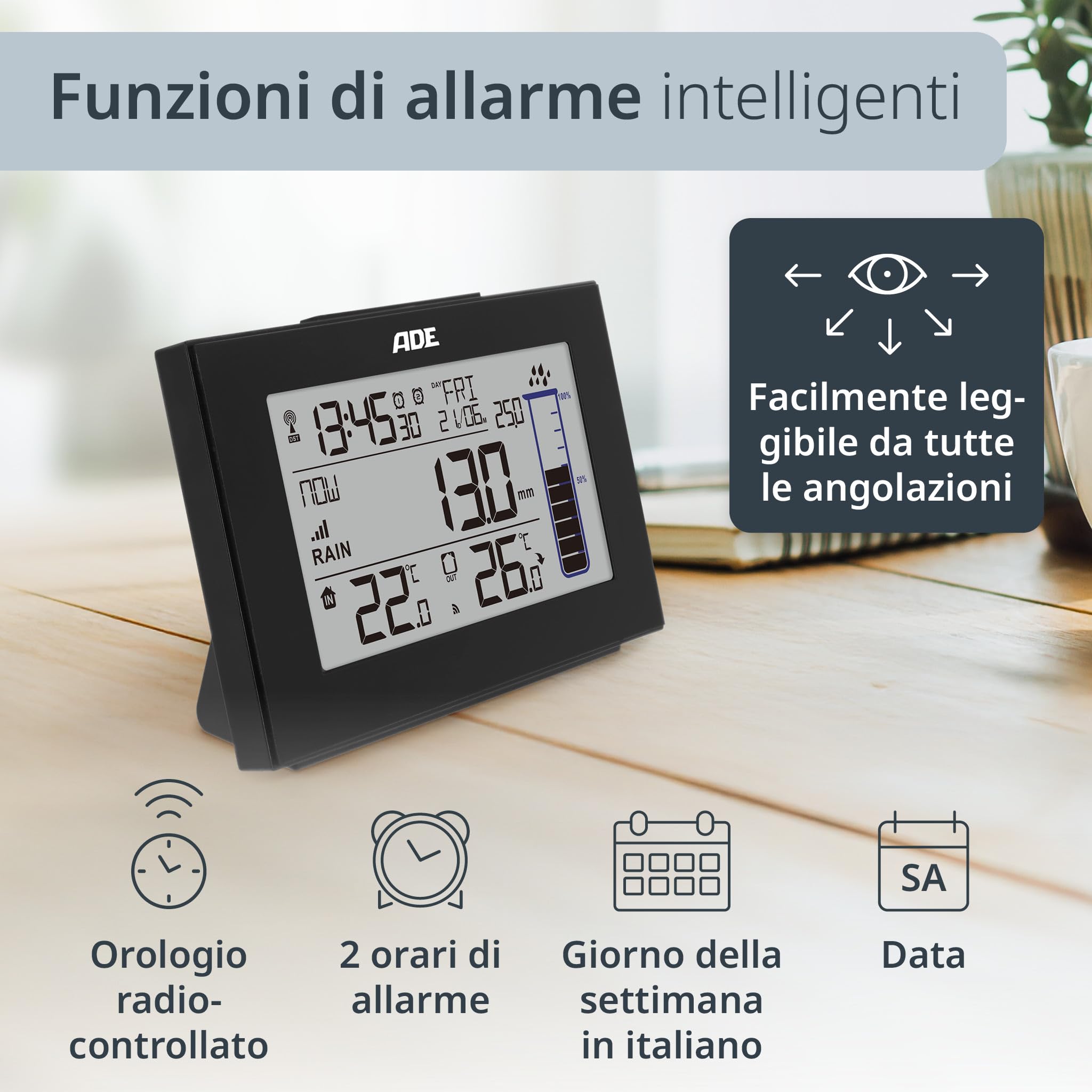 ADE Stazione Meteorologica con Pluviometro Sensore Radio Termometro Interni Esterni Nero
