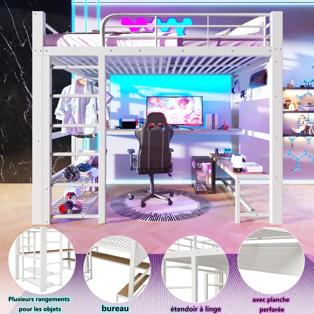 Sapgaks - Cama entrepiso de 1 plaza de 140 x 200 cm, litera infantil con barrera con banda luminosa LED, cama entrepiso escalera, escritorio de madera, tendedero para ropa (140 x 200)