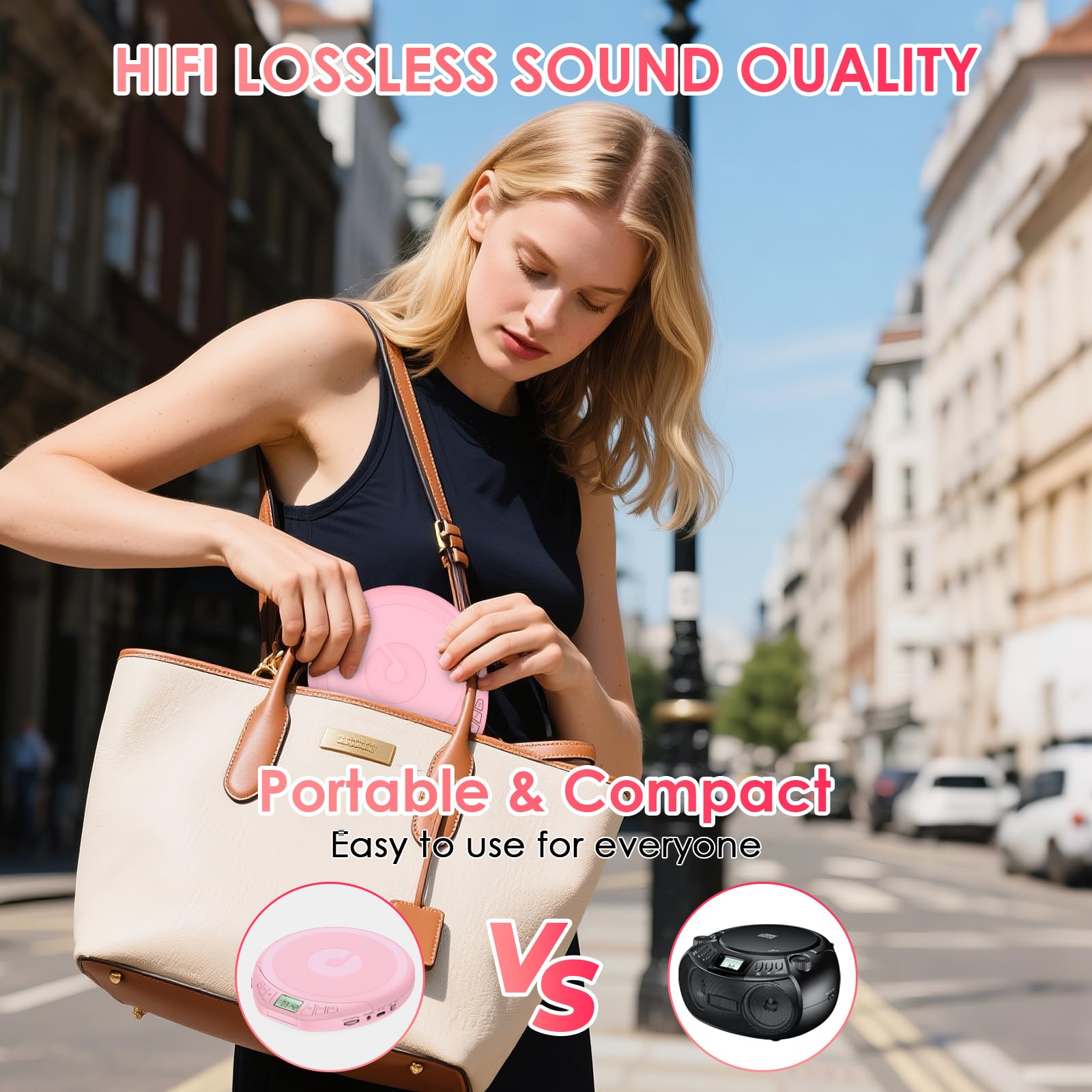 Gueray CD Player Tragbar Kinder Tragbarer CD-Player fürs Auto Discman mit Kopfhörer LCD-Display Unterstützung ASP PROG Speicherfunktion Repeat-Funktion Sound-Effekt Rosa