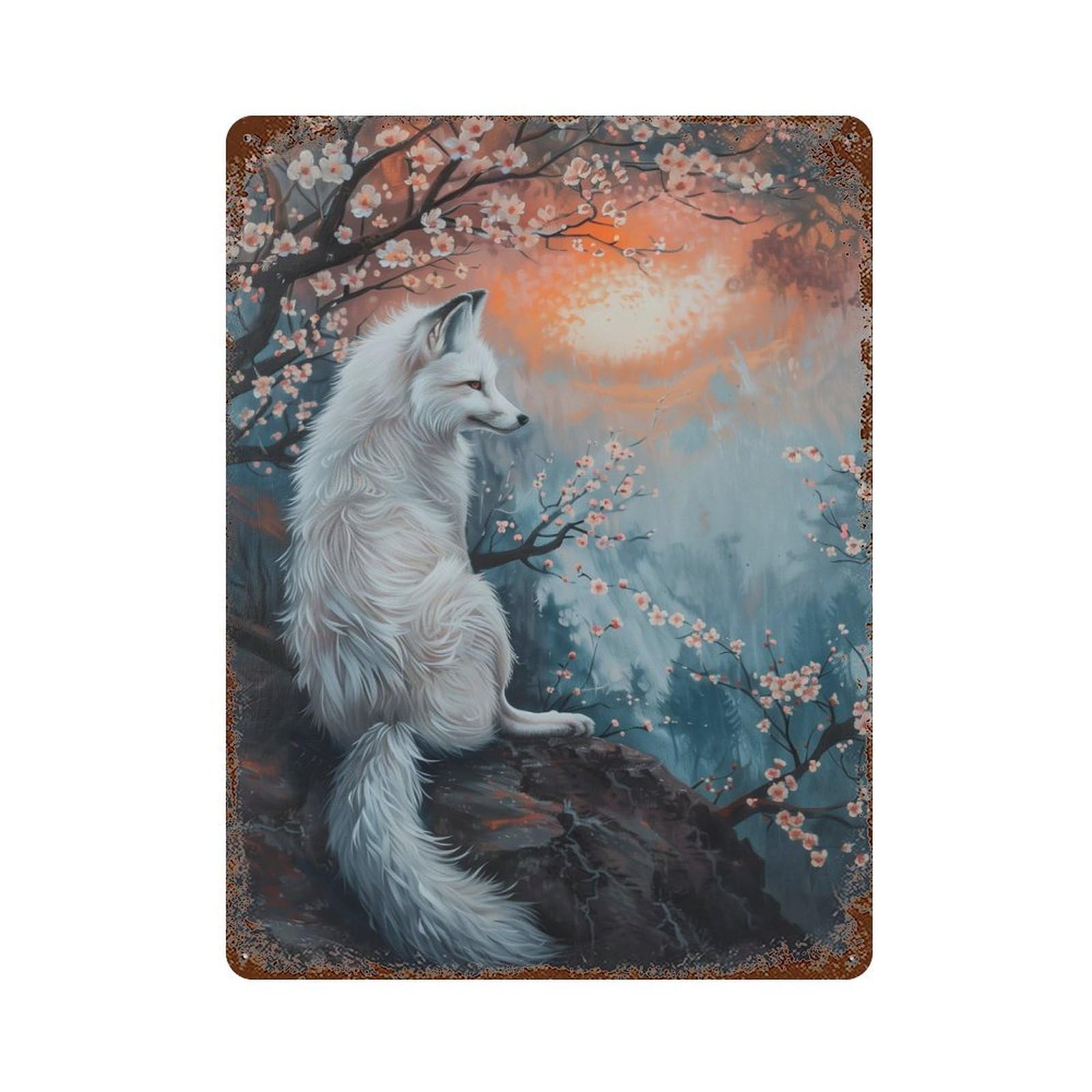 Retro Metal Sign with Fox Magical Fairy Tale Sun Design 15.7"x11.8", for Shed, Workshop And Garage Wall Decor, Industrial Home Decor