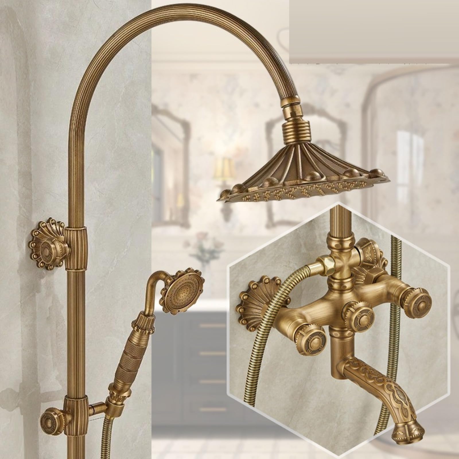 Fanjubei U7 Bathroom All-Copper Antique-Style Adjustable Adjustable Shower Set