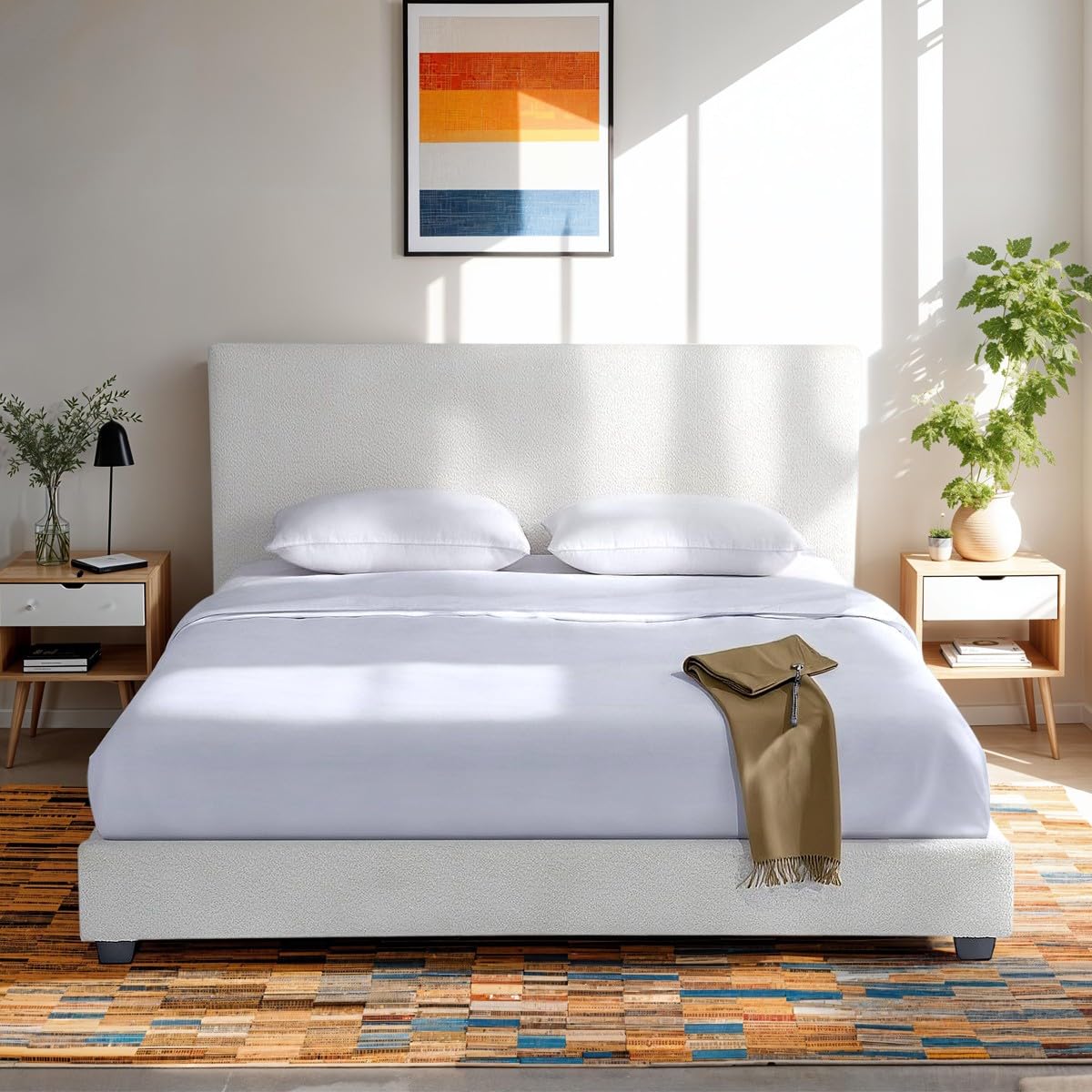 Lit Coffre Adulte 180x200 Cm HOMIFAB Ava - Tête De Lit Capitonnée Tissu Bouclé Beige - Sommier à Lattes Avec Rangement
