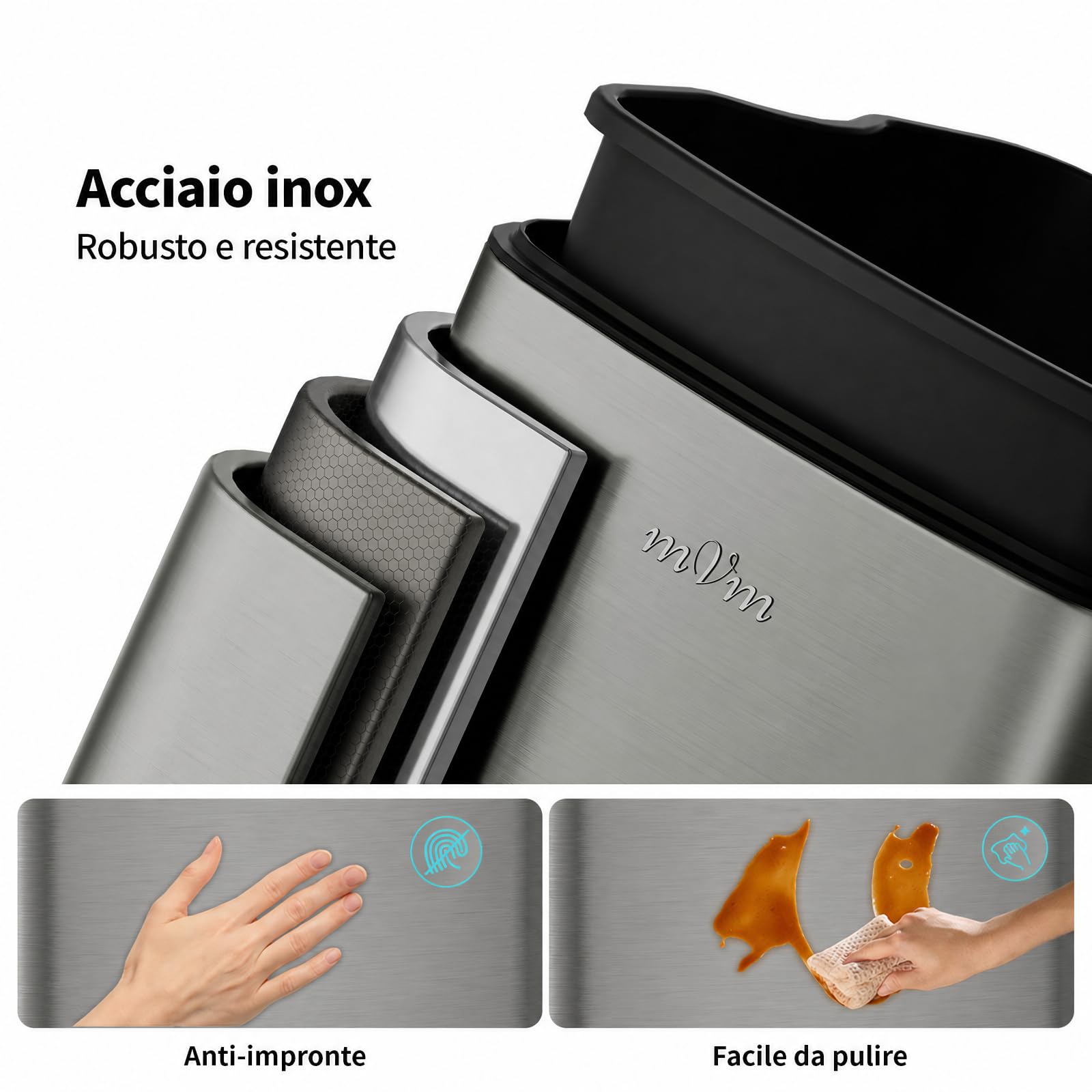 mVm Pattumiera Slim da Cucina in Acciaio Inox, 30L Forma Rettangolare Alta e Stretta, Coperchio Sottile Soft Close, Secchio Interno Rimovibile, Pedale Antiscivolo, 4 Colori