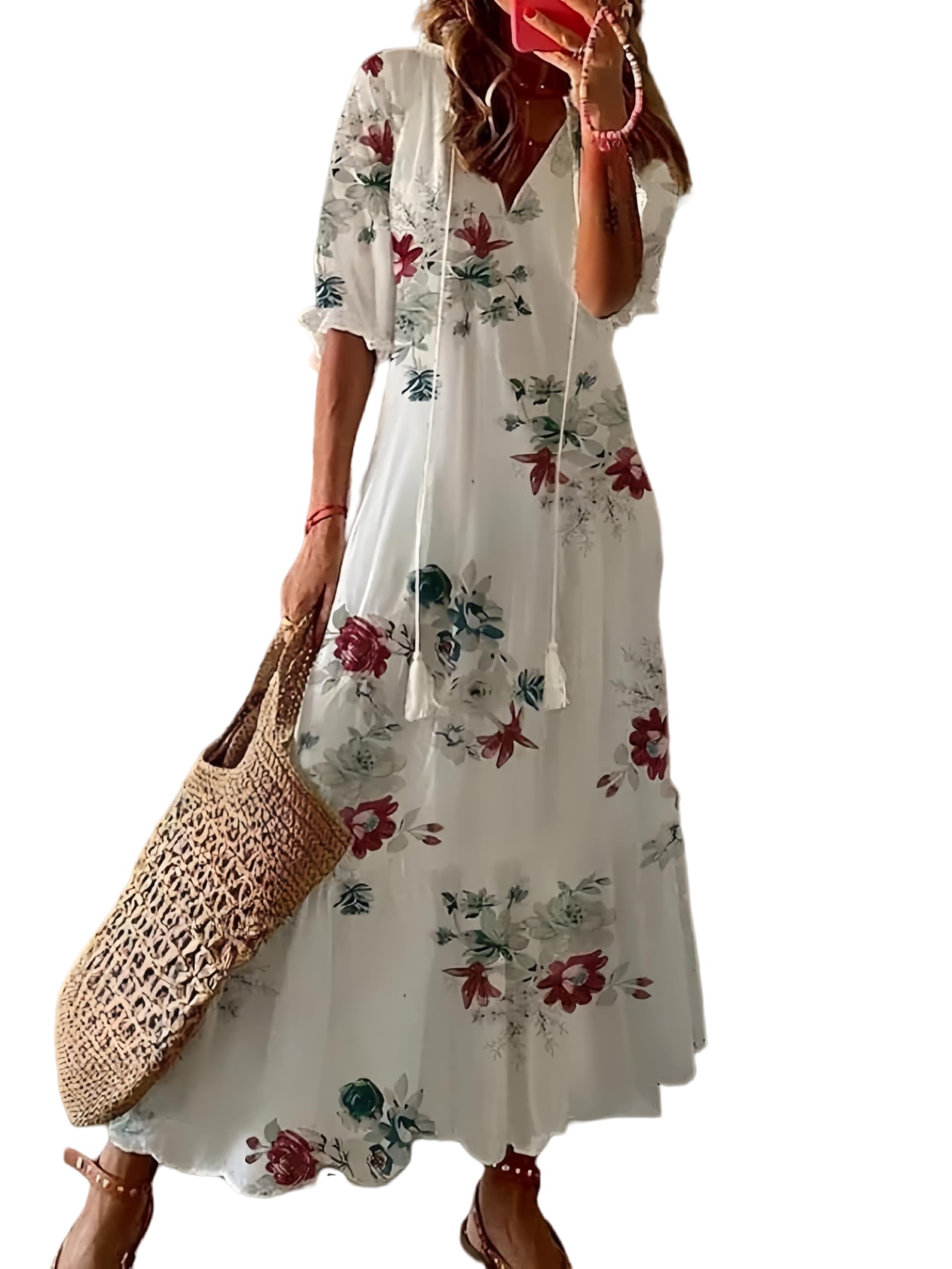 Mingleam Women's White Dresses,Sundresses For Boho Ruffle Swing Flowy Dress Maxi Short Sleeve Floral Beach Coverups Casual Beachwear Swimsuit Cover Up Vacation Daily Wear S
