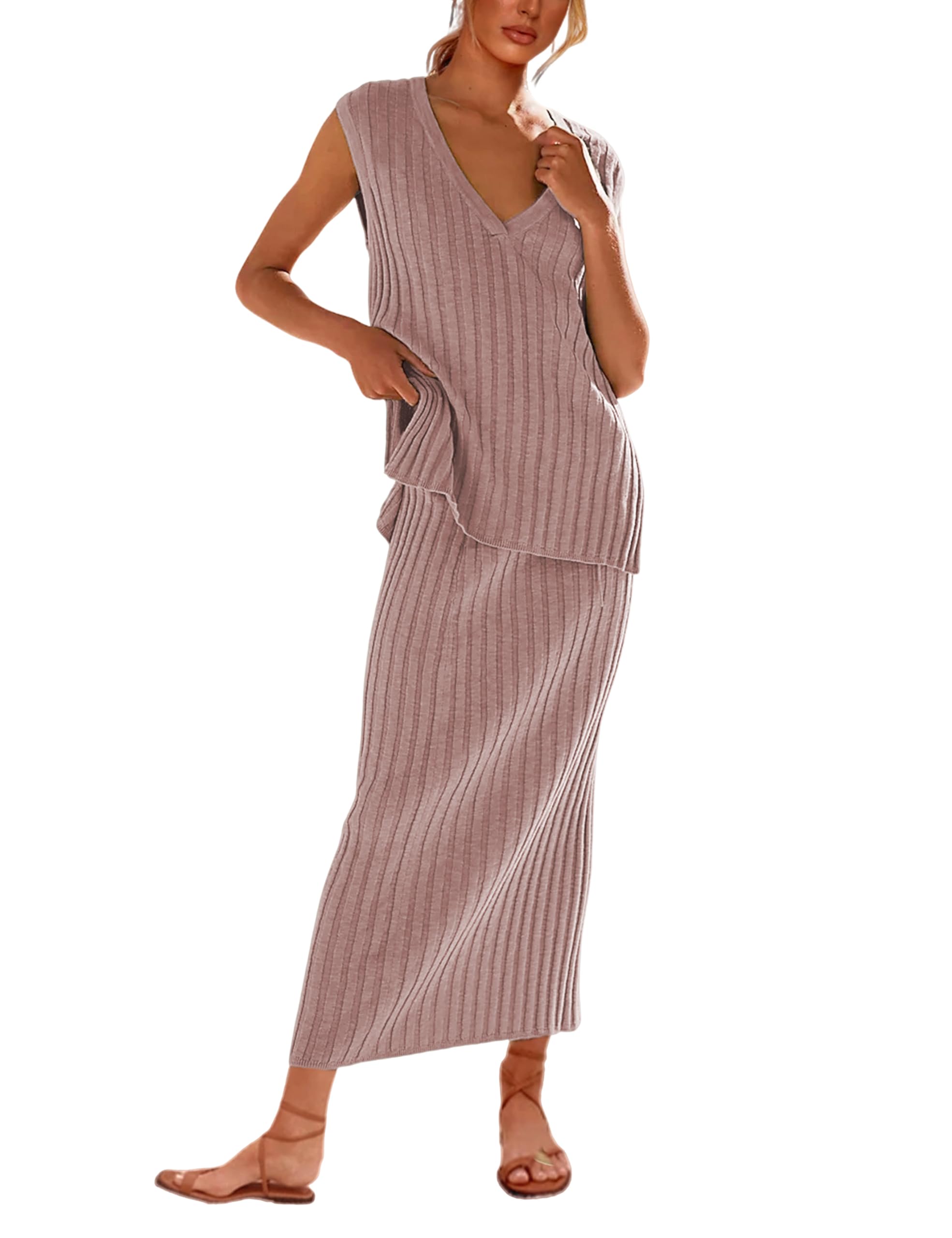 SCUSTY Women's 2 Piece Sweater Skirt Sets Sleeveless V Neck Knit Ribbed Vest Tops Midi Skirt