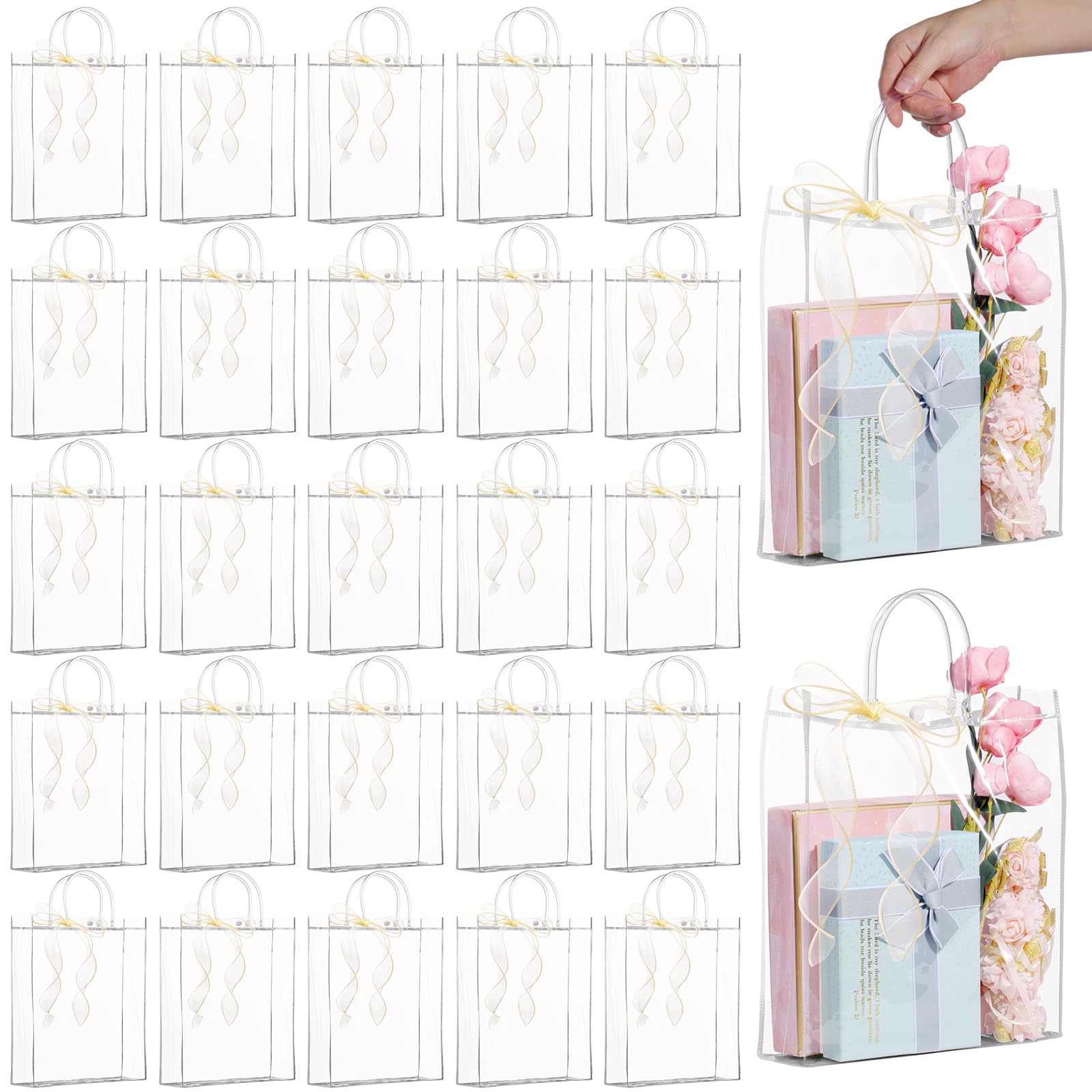 WDSHCR Lot de 80 sacs cadeaux en plastique transparent avec poignées, sacs à dragées avec rubans, sacs fourre-tout réutilisables pour mariage, fête prénatale, anniversaire (transparent, 25,4 x 31,8 x