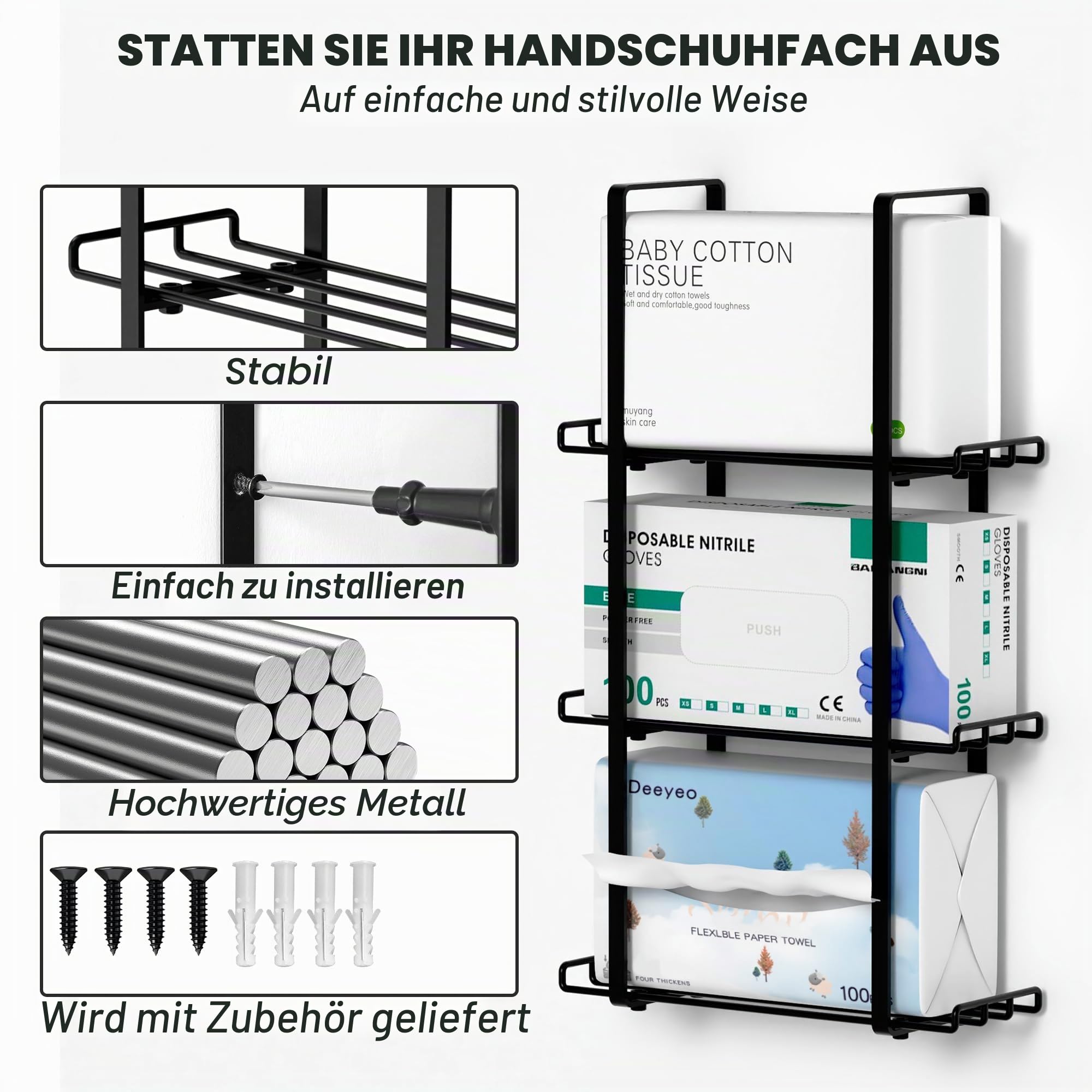 Alyoen Handschuhalter, Handschuhalterung, Handschuh Wandhalter, Handschuhspender aus metall für drei Boxen, für Latex & Nitril & Vinyl Einmalhandschuhe