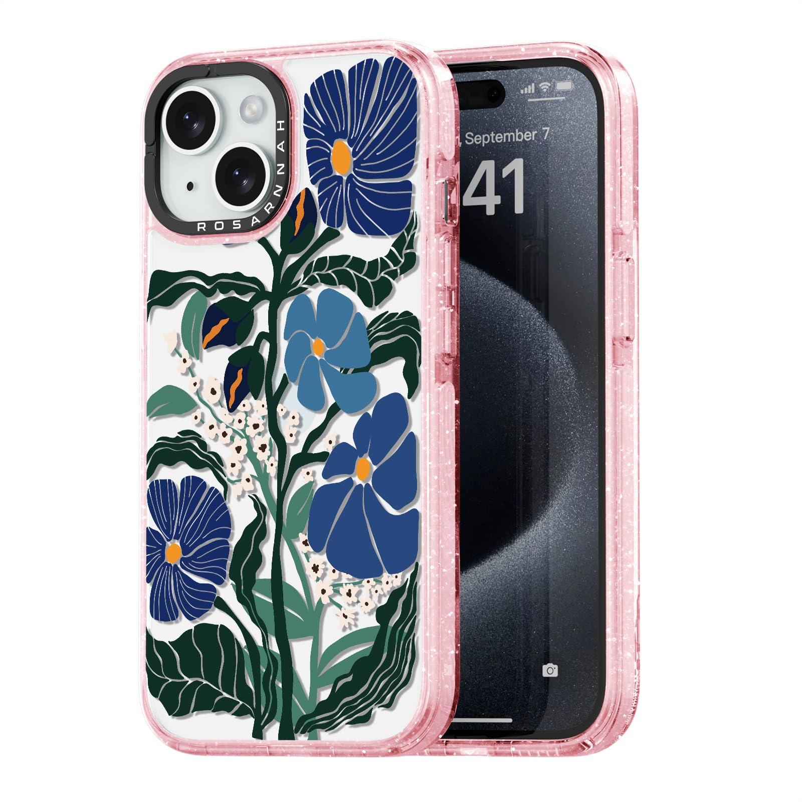 Rosarnnah for iPhone 15 Case Cute - Durable Shockproof 6.6 ft Drop Impact Phone Case - Funny Passiflora Caerulea Design (6.1") Glitter Pink