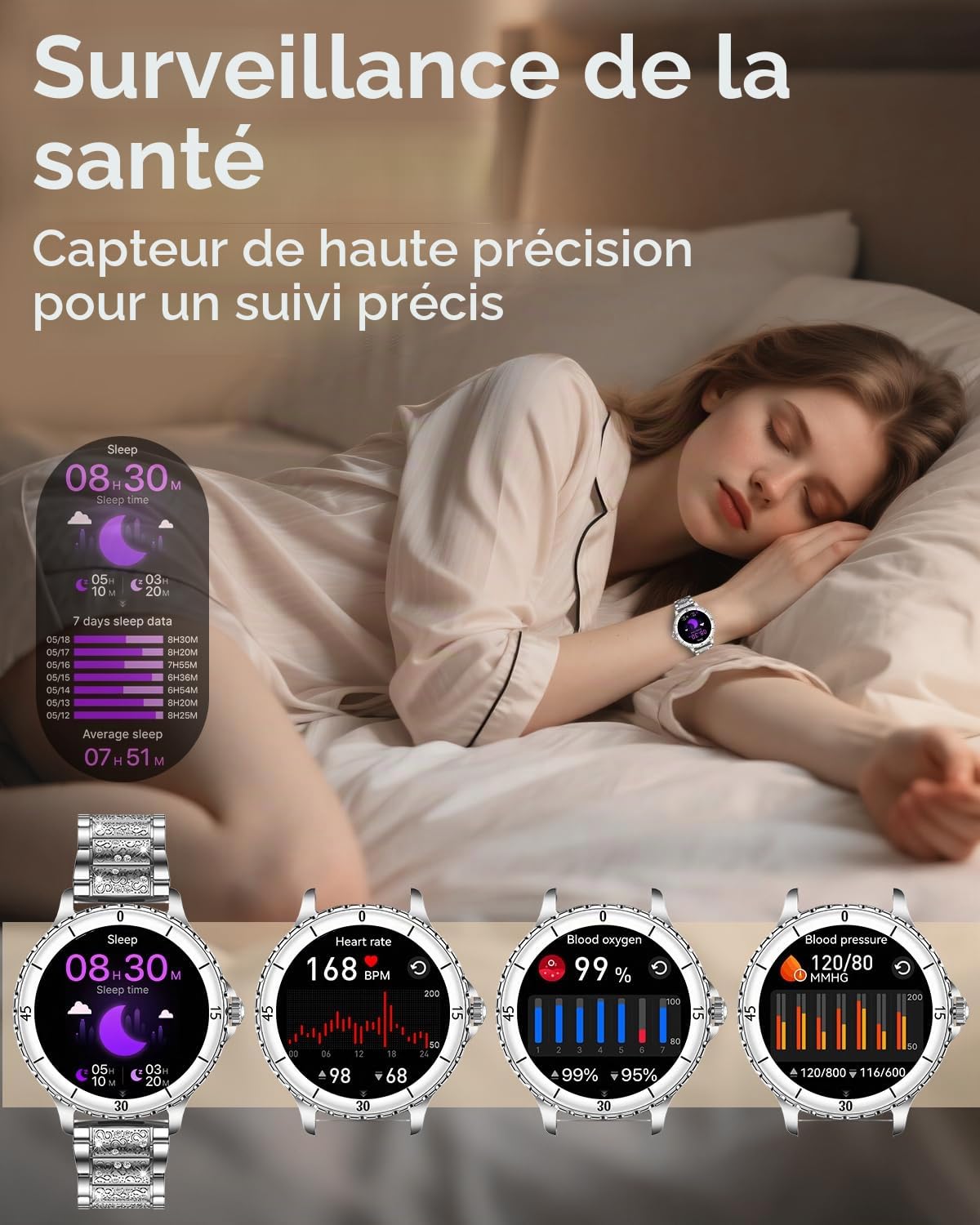 Montre Connectée Femme avec Appel Bluetooth, 1.27" Smartwatch avec Bracelet Diamant, Compatible Android/iOS, IP68 Imperméable Fitness Tracker avec 120+ Sports Fréquence Cardiaque, Sommeil, Argent