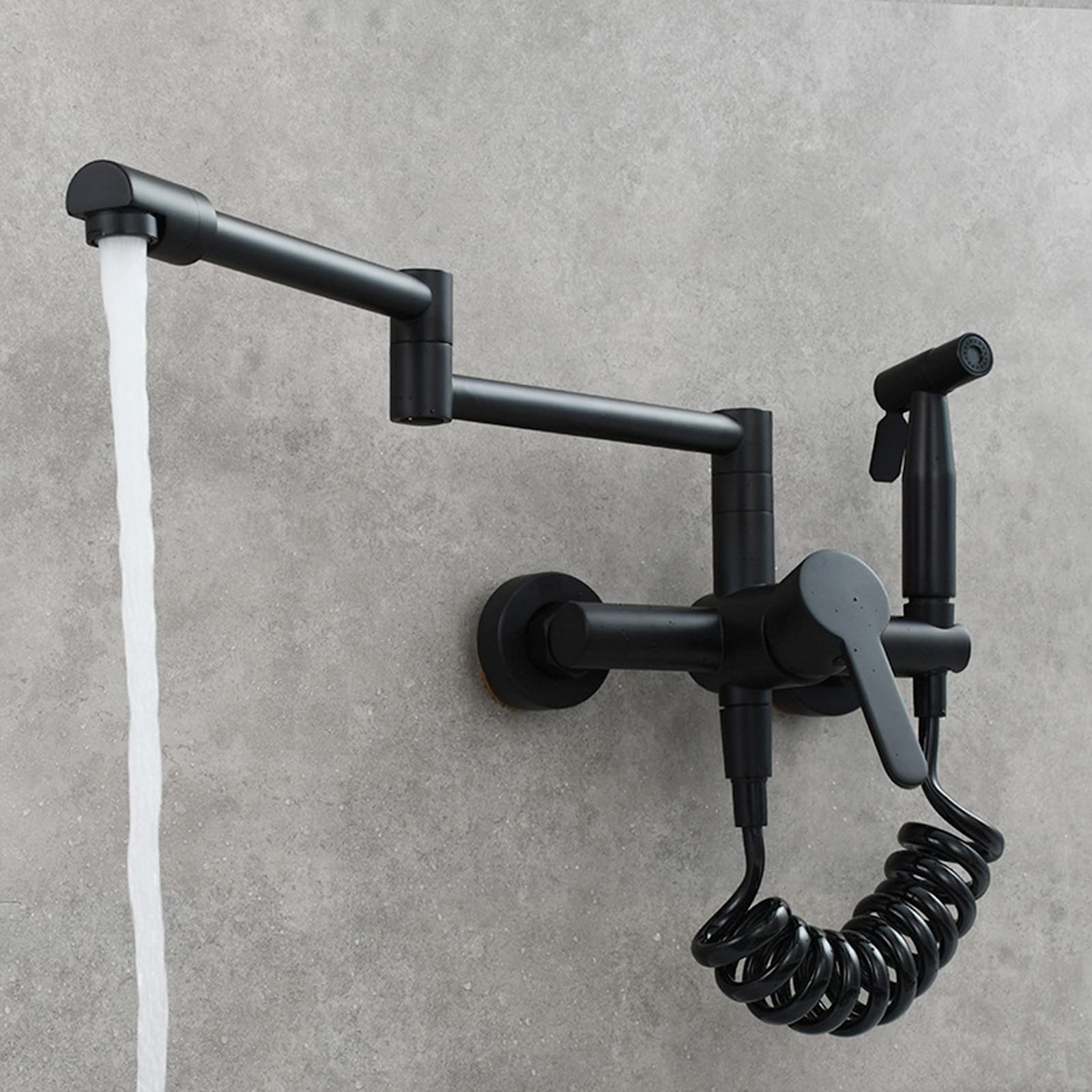 Grifo de Cocina de Montaje en Pared con rociador, latón Extensible, Doble articulación, Brazos oscilantes, Fregadero de Cocina, Grifo Mezclador Monomando Caliente y frío, Negro(Noir)